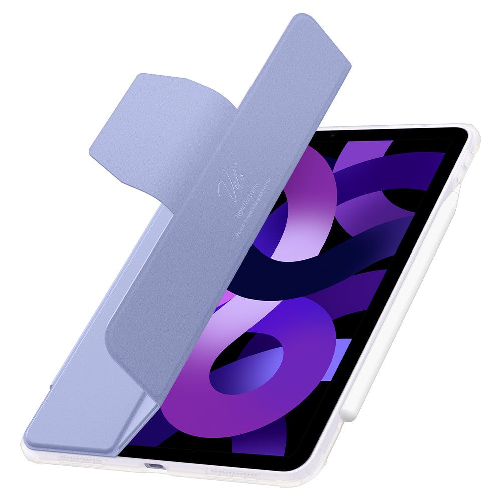 Un tablet in una custodia lavanda. La custodia è aperta. Uno stilo bianco è sulla destra. Lo schermo mostra il colore viola.