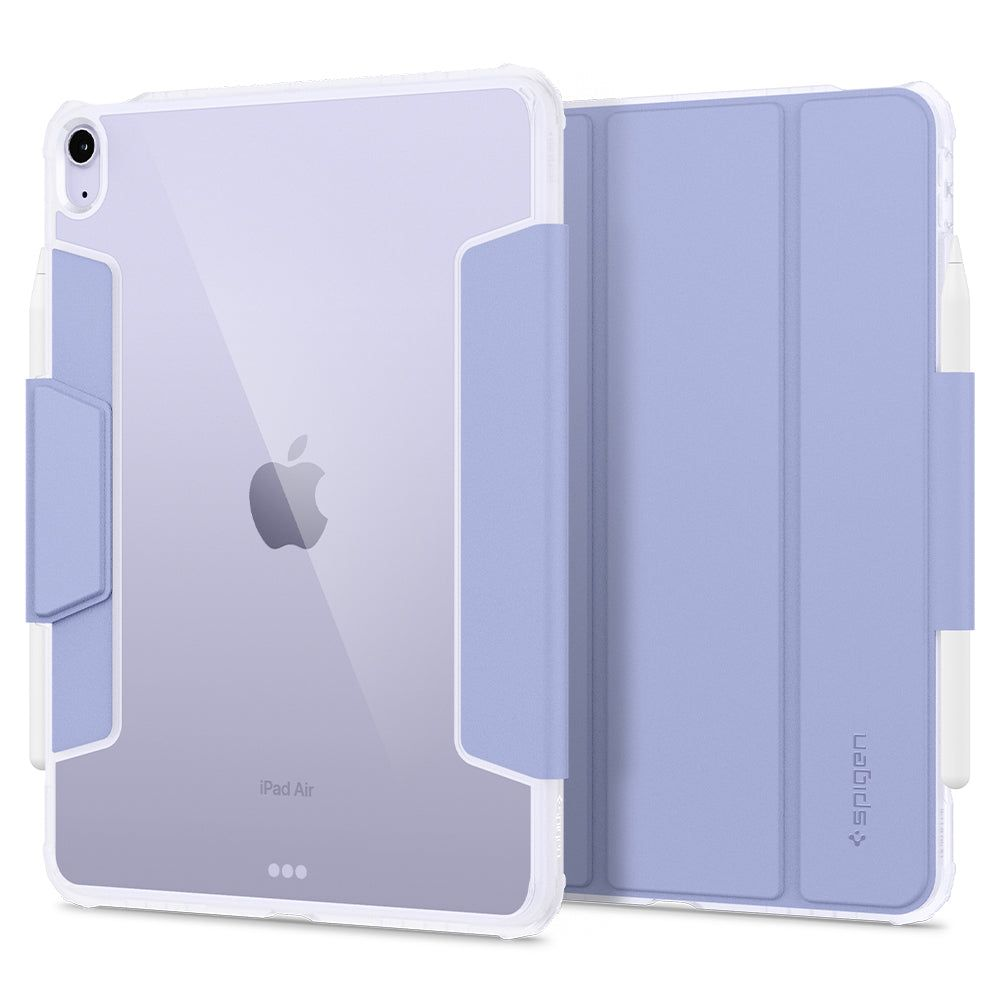 Un iPad Air in una custodia lavanda, con retro trasparente. La custodia è aperta, mostrando lo schermo con il logo Apple.