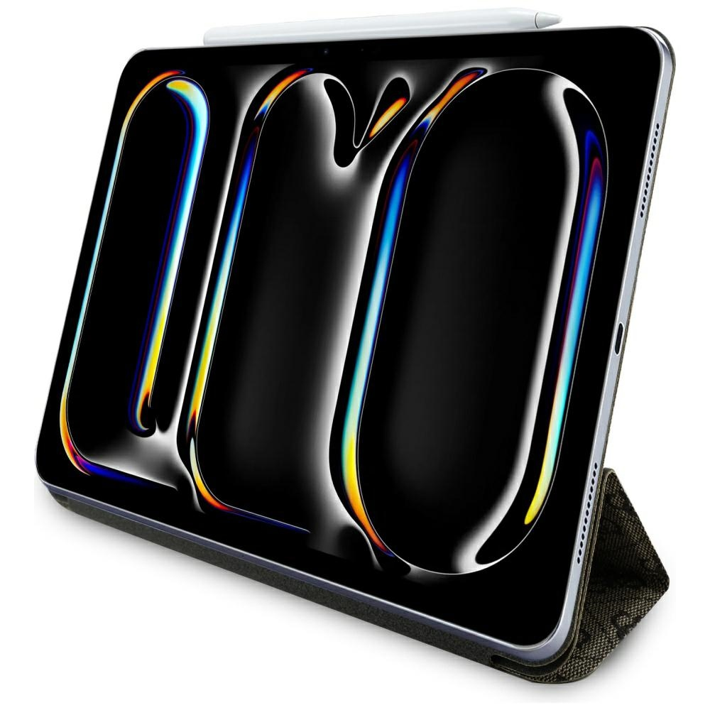 Tablet con schermo nero che mostra un design colorato. Una penna bianca è sopra. È sostenuto da una custodia.