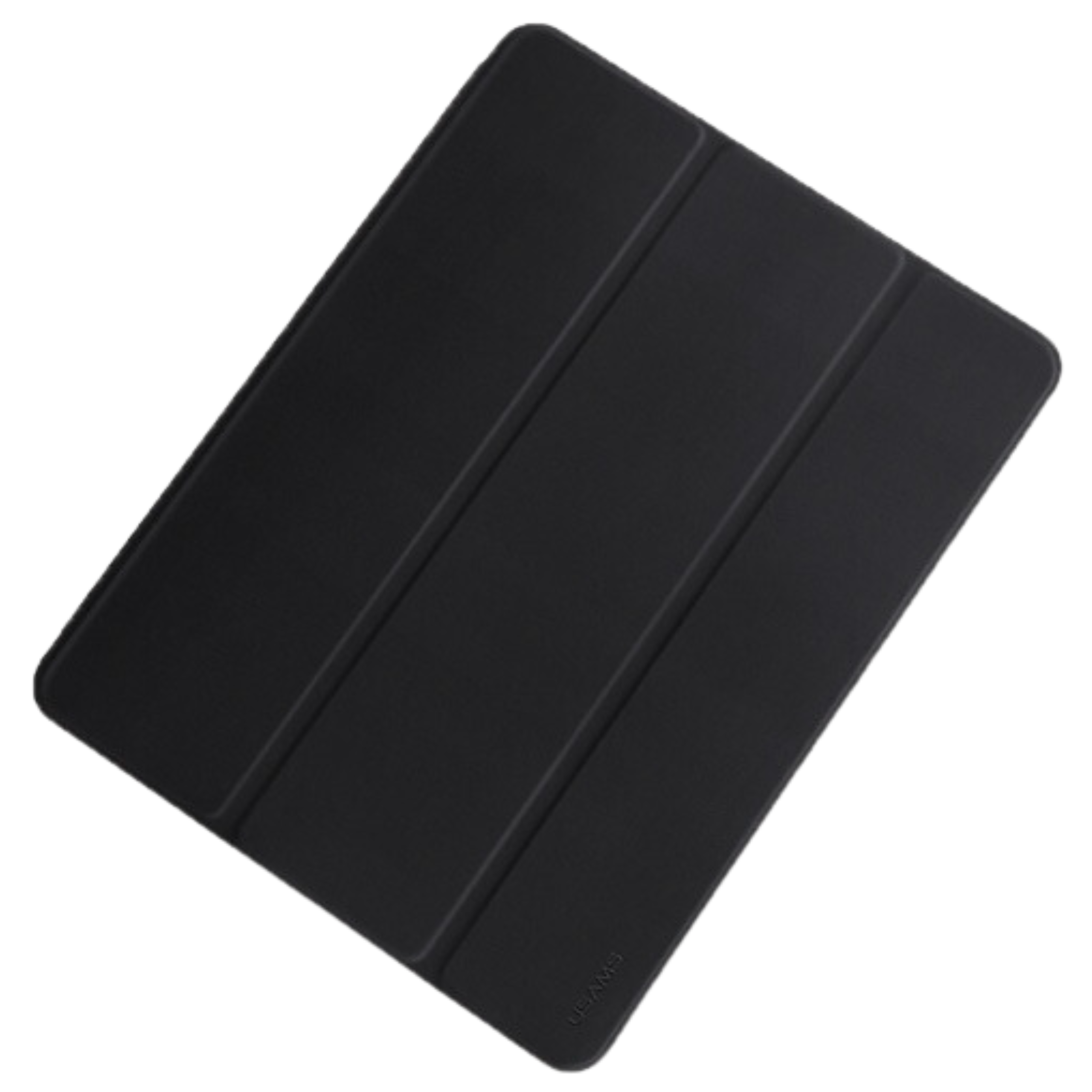 Una custodia nera per tablet, piegata in tre parti, su sfondo bianco. Il marchio è visibile in basso a destra.