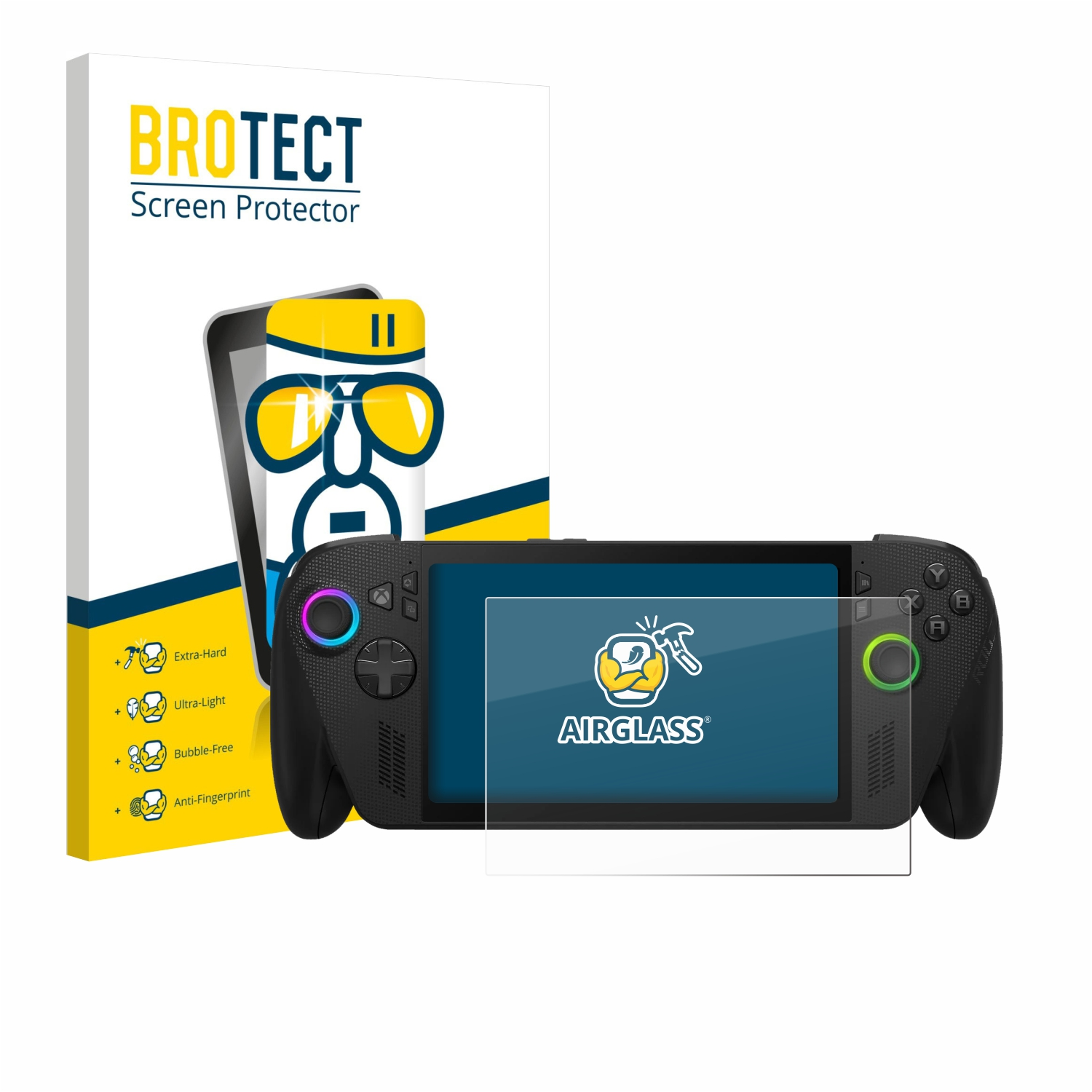 Eine Displayschutzfolienbox mit einem Spielgerät. Auf der Box steht BROTECT Screen Protector. Das Gerät ist schwarz mit farbigen Knöpfen.