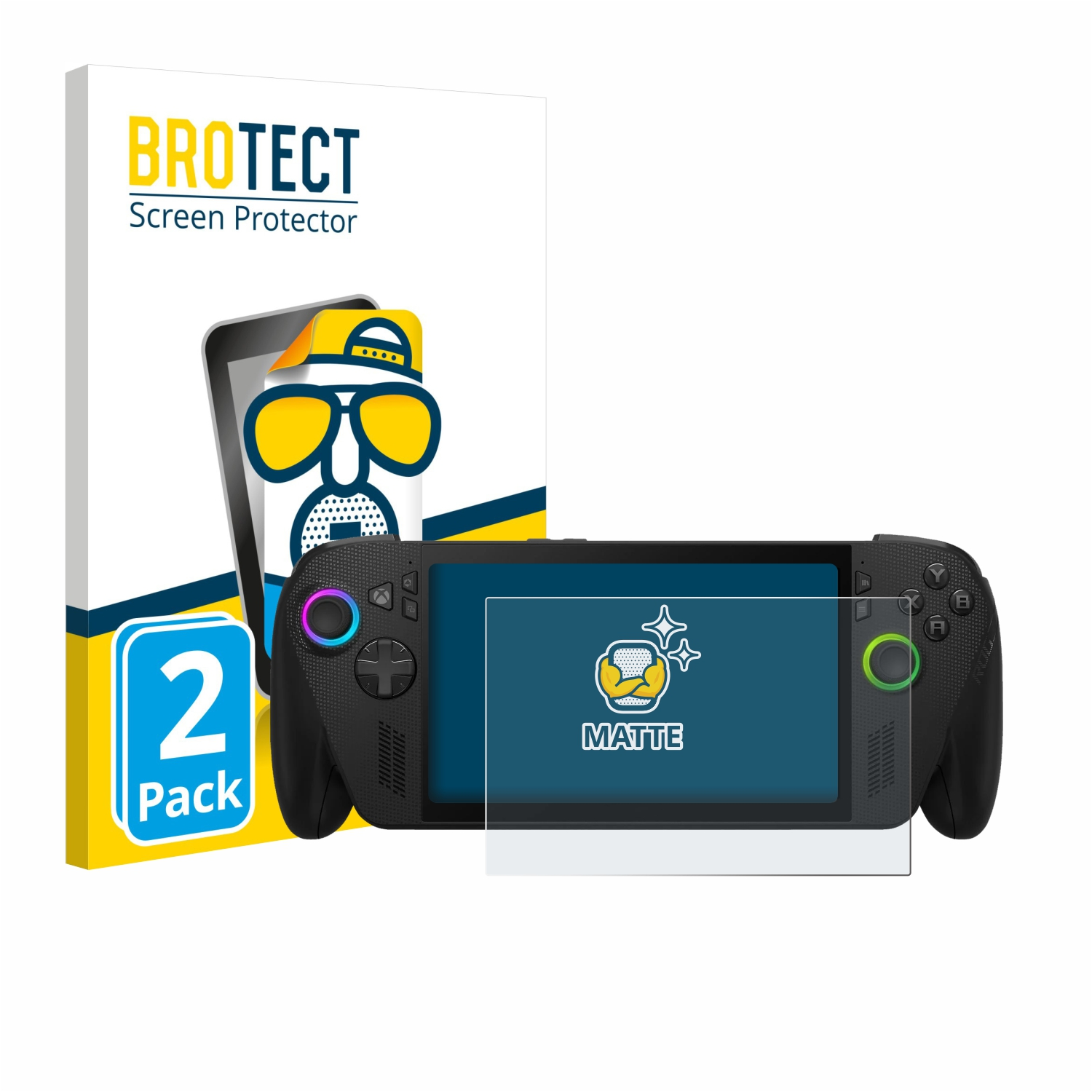 Das Bild zeigt einen Handheld-Gaming-Gerät mit Displayschutzfolie, eine Schachtel mit der Displayschutzfolie und ein Label '2er-Pack'.