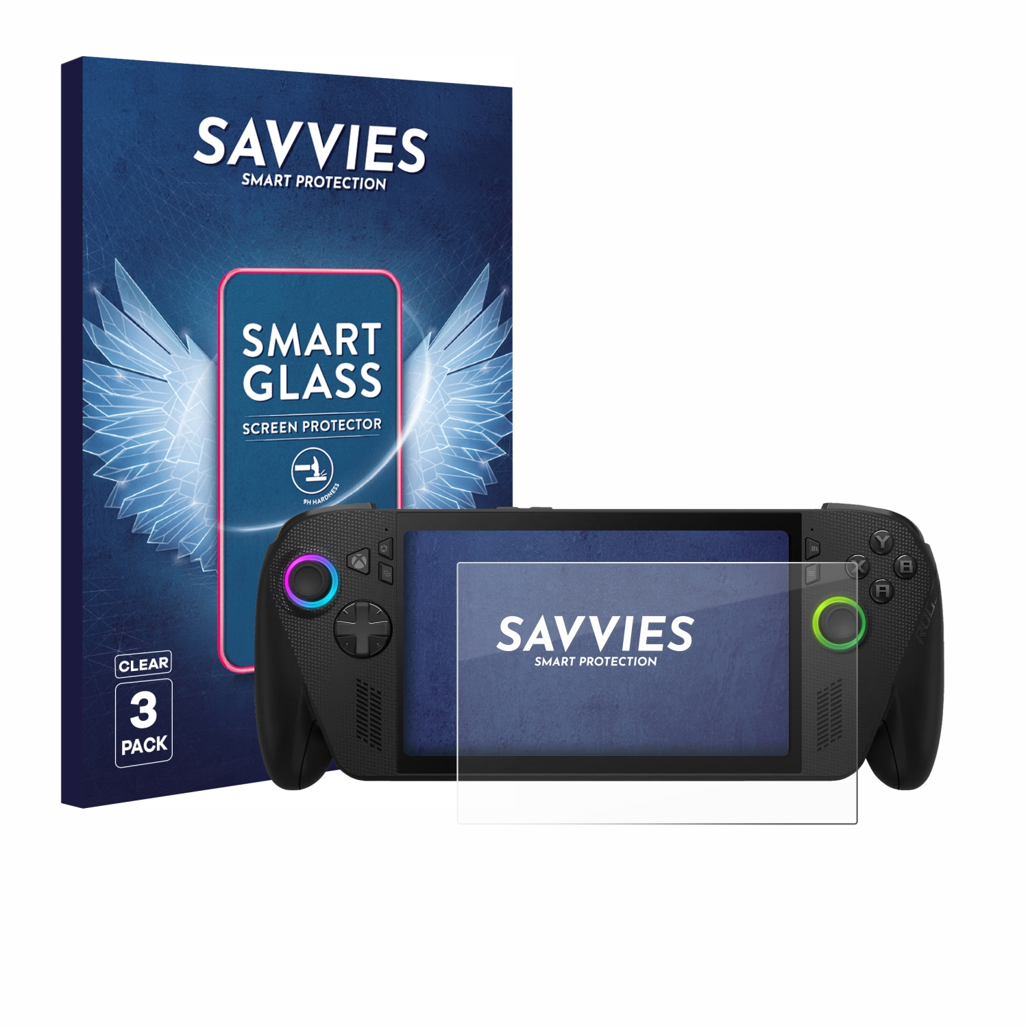 Eine Displayschutzfolien-Box und ein Spielgerät werden gezeigt. Auf der Box steht 'SAVVIES SMART GLASS'. Auf dem Gerät ist eine Folie angebracht.