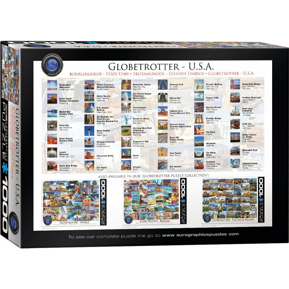 Eine Globetrotter USA-Puzzledose. Sie zeigt verschiedene US-Wahrzeichen und andere Puzzlemöglichkeiten.