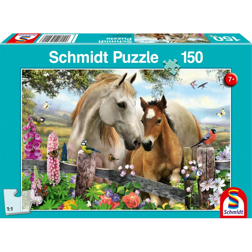 Puzzledose mit zwei Pferden, einem Fohlen, Vögeln, Blumen und Schmetterlingen auf einem Holzzaun mit grünem und blauem Hintergrund.