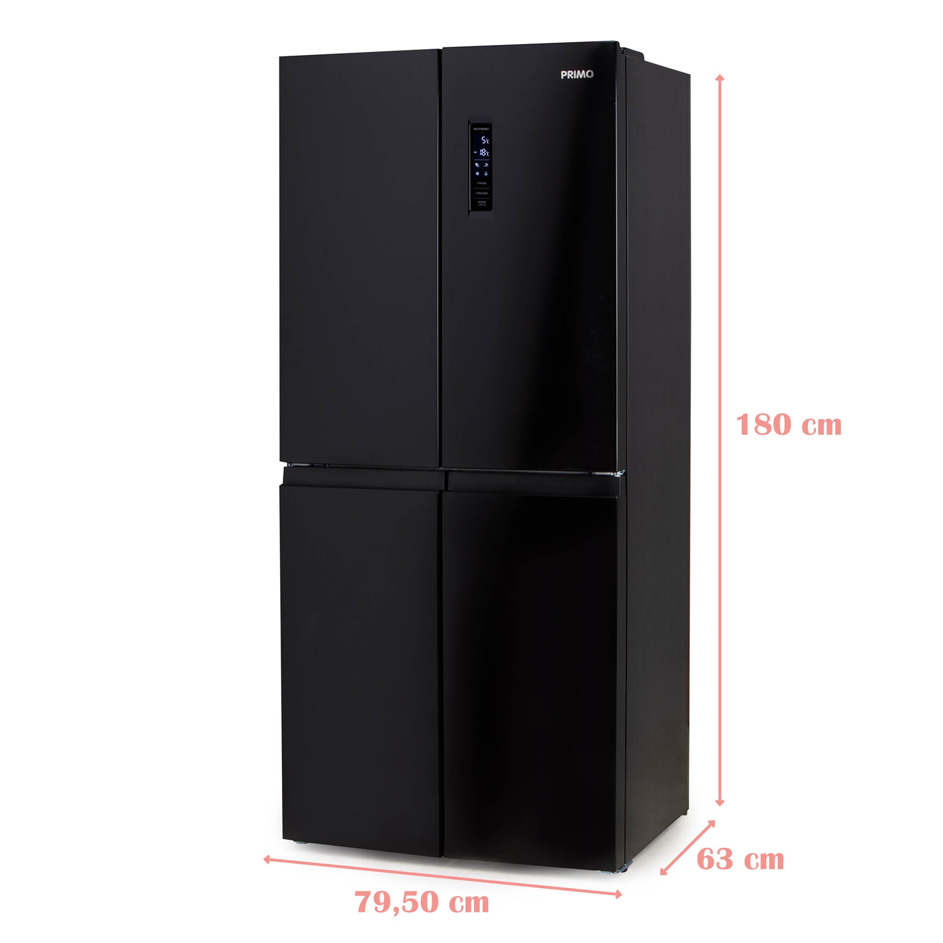 Een zwarte Primo koelkast met vier deuren. Afmetingen: 180 cm hoog, 79,50 cm breed en 63 cm diep. Het heeft een digitaal display.