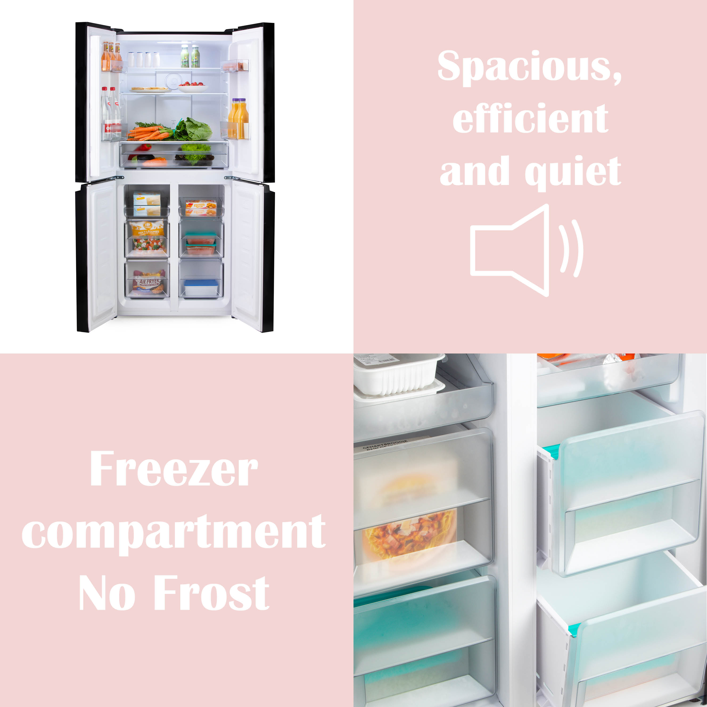 Een moderne koelkast met geopende deuren, met etenswaren. Tekst op roze achtergrond: Ruim, efficiënt en stil. Vriesvak, No Frost.