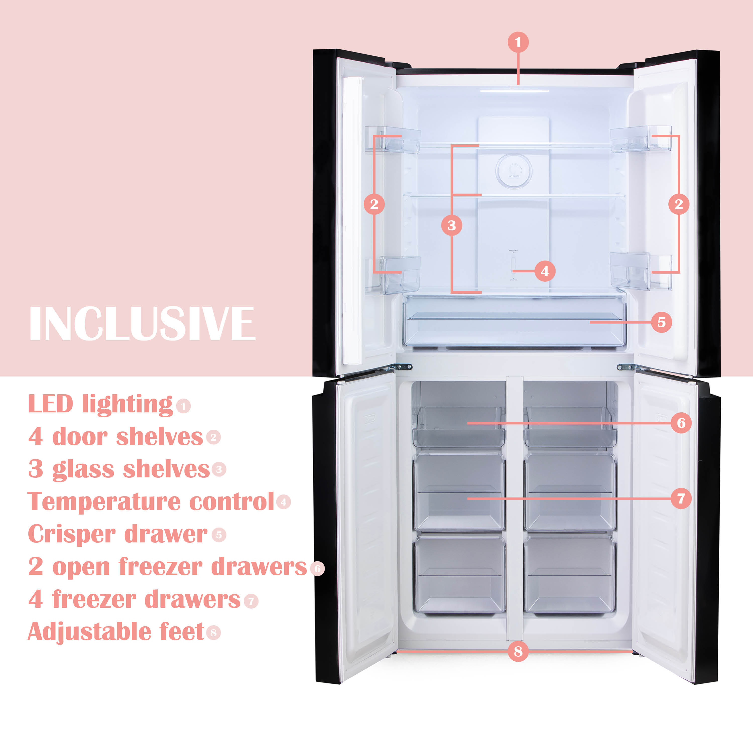 Een zwarte koelkast met open deuren. Voorzien van planken, laden en LED-verlichting, met roze achtergrond.