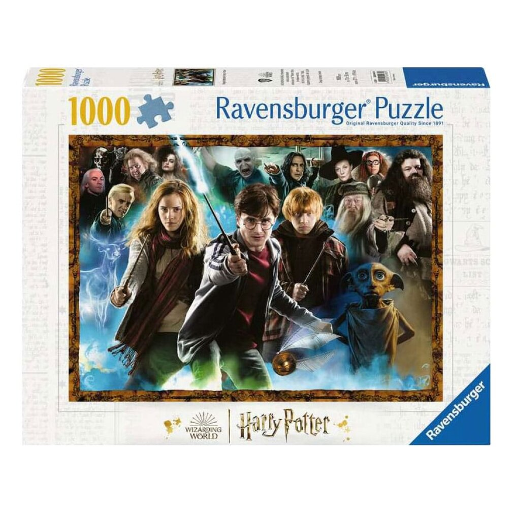 Pudełko z puzzlami Harry'ego Pottera. Puzzle przedstawiają wiele postaci z filmu, w tym Harry'ego, Hermionę i Dumbledore'a, ze złotym zniczem.