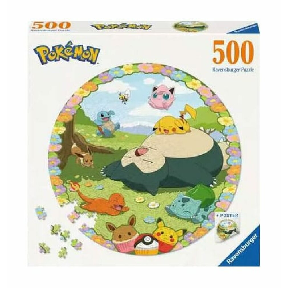 Pudełko z puzzlami Pokemon. Snorlax śpi z innymi Pokemonami. Zielona trawa, błękitne niebo i kwiatowa obwódka.