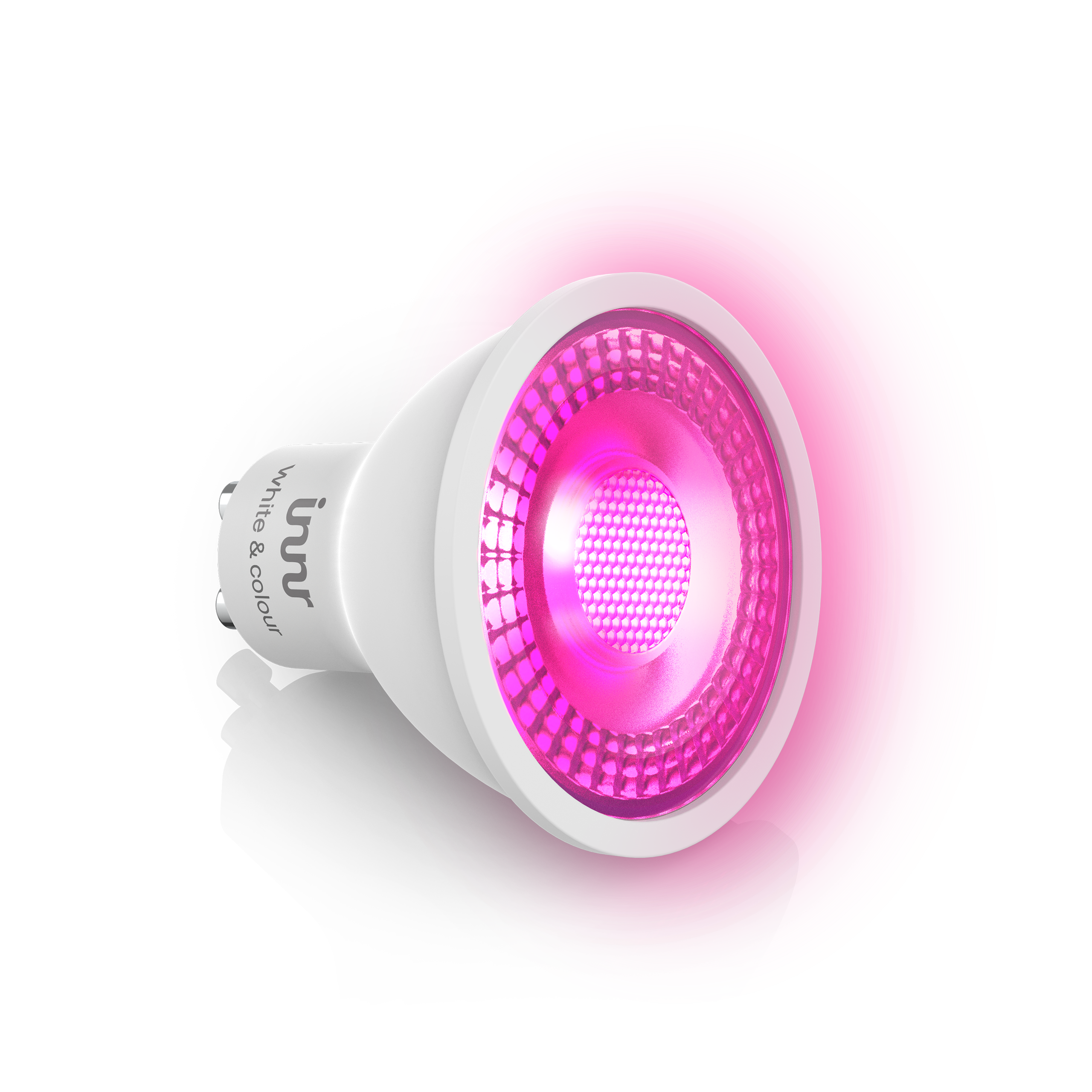 Eine weiße und rosa LED-Glühbirne mit schwarzem Hintergrund. Auf der Glühbirne steht das Wort 'innr'.