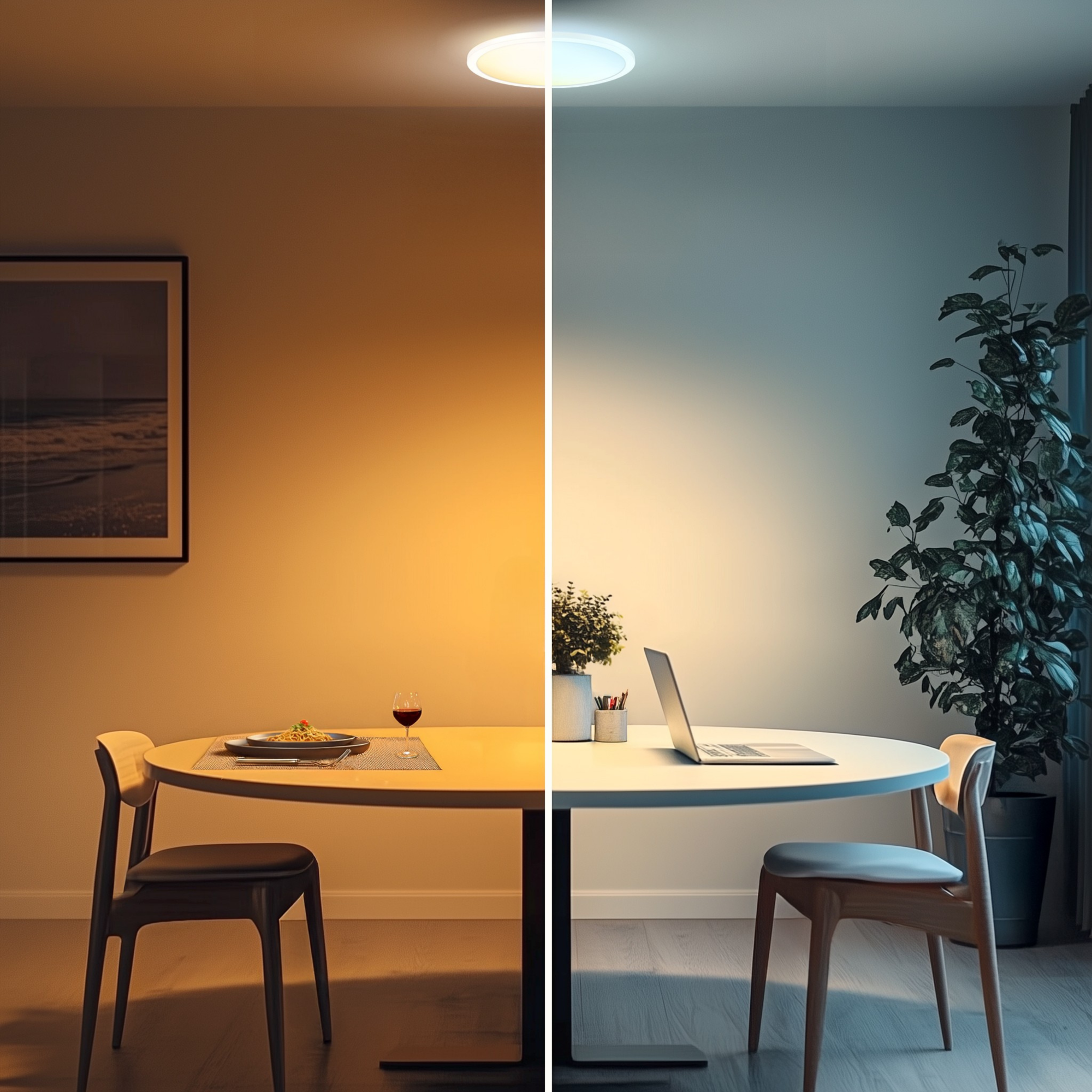 Une pièce divisée en deux par l'éclairage. Un côté a une table pour le dîner. L'autre côté a un ordinateur portable et une plante.