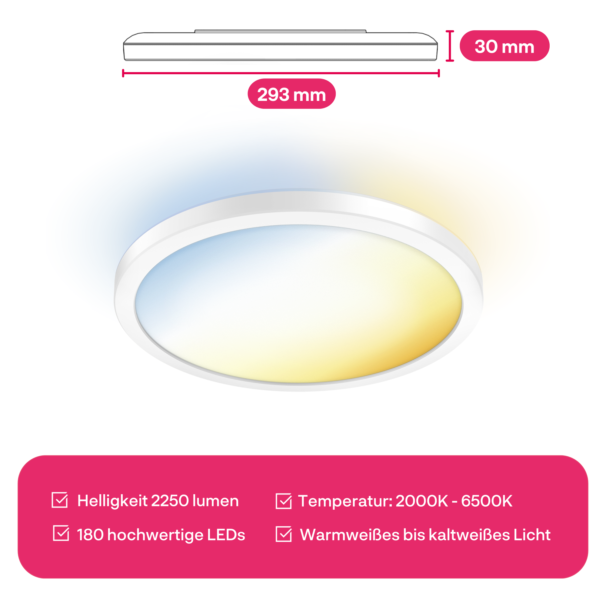 Un plafonnier rond blanc avec mesures. Il a une lumière dégradée et une barre rose avec des détails.