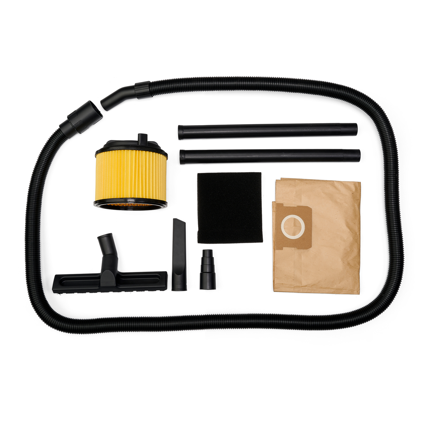 Parti di aspirapolvere disposte su bianco. Include tubo, filtro, sacchetti e accessori. Colori nero e giallo.