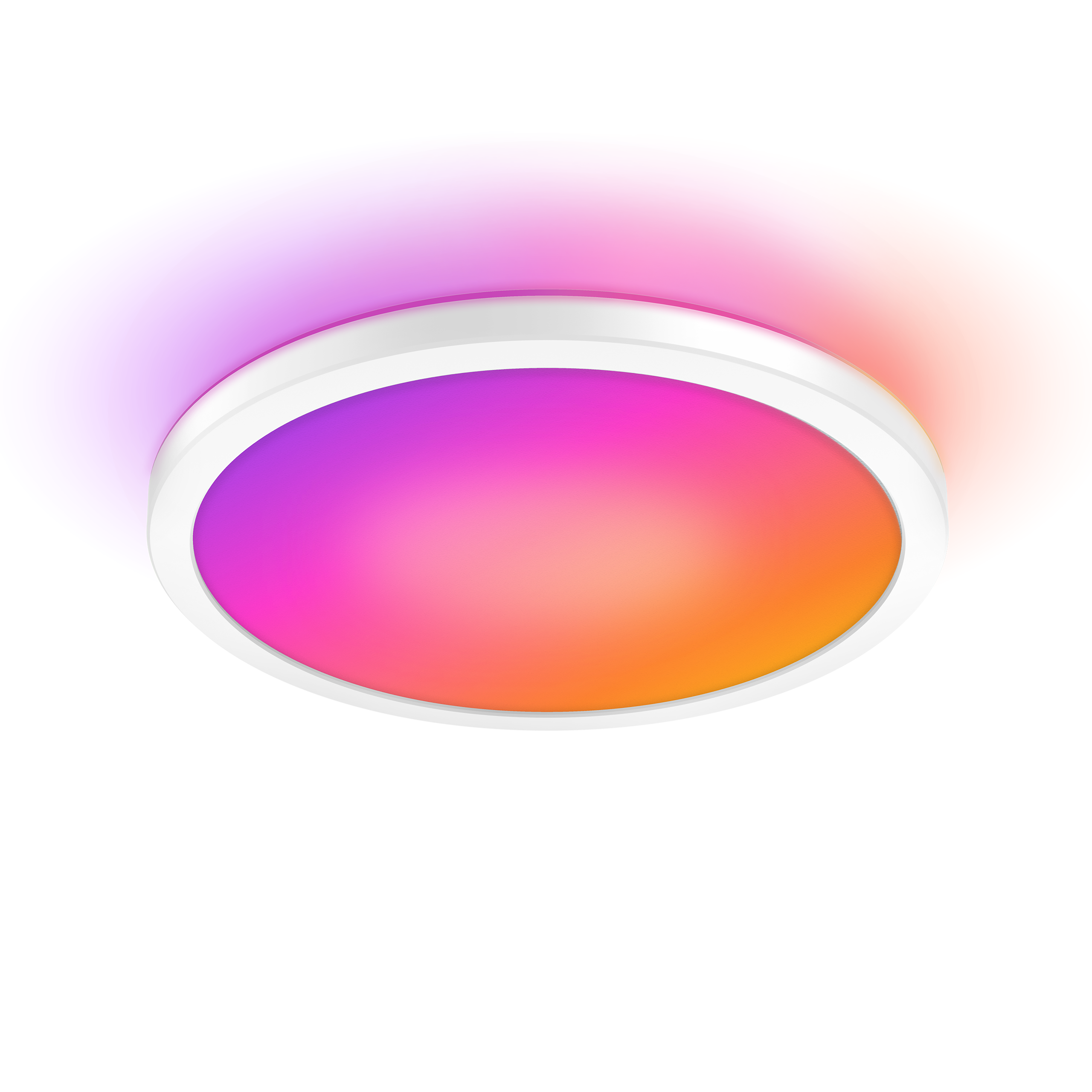 Eine runde, weiß umrandete Leuchte mit einem Farbverlauf aus Rosa, Orange und Gelb auf schwarzem Hintergrund.