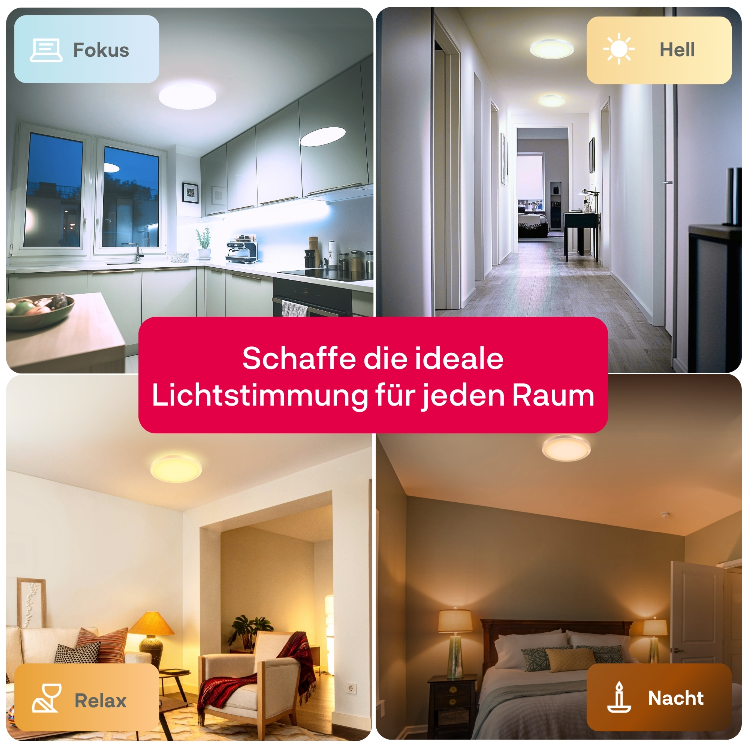Quatre images démontrant différentes ambiances lumineuses : focus dans une cuisine, clair dans un couloir, détente dans un salon et nuit dans une chambre.