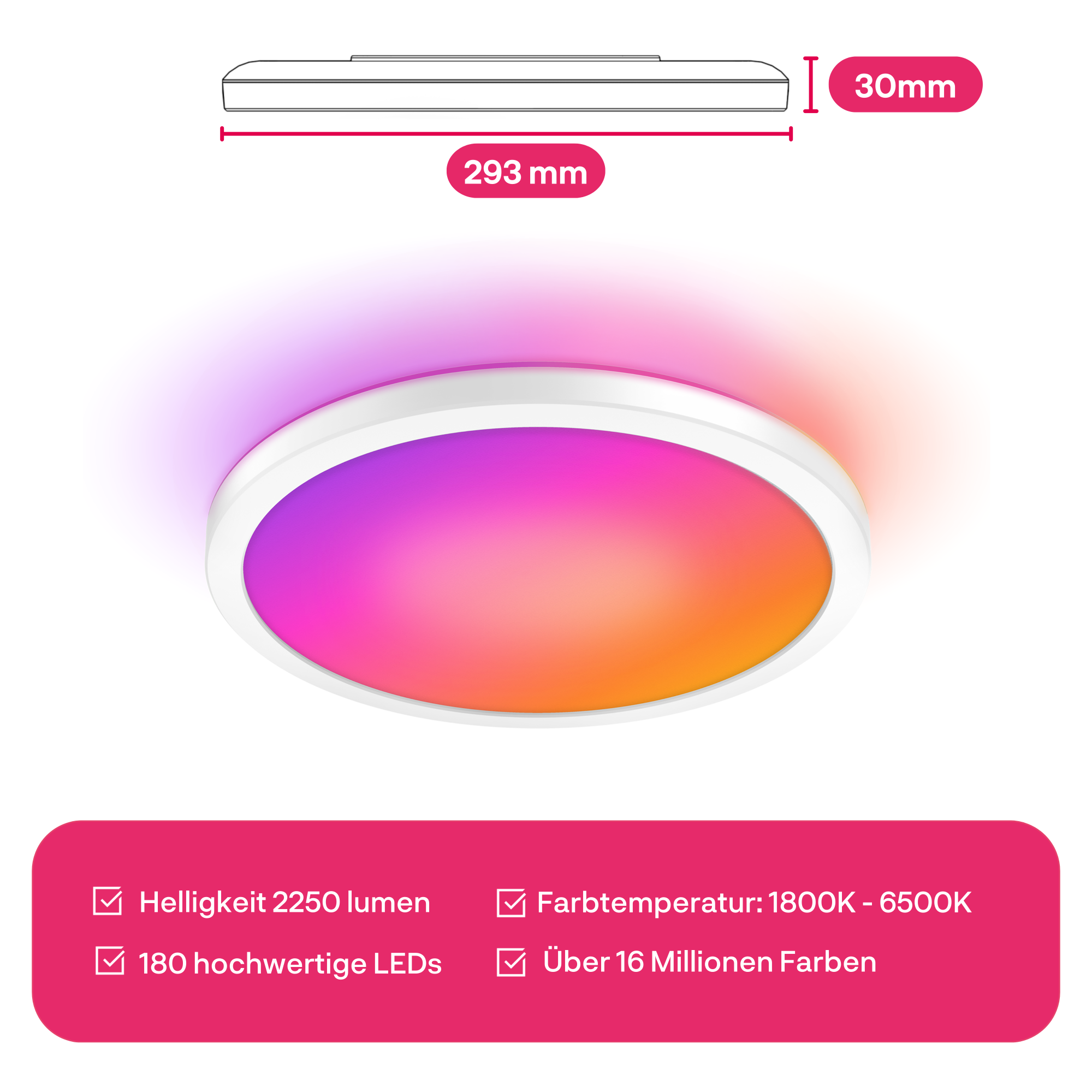 Runde LED-Deckenleuchte mit Abmessungen, Farbverlauf und Spezifikationen: Helligkeit, Farbtemperatur, LEDs und Farben.