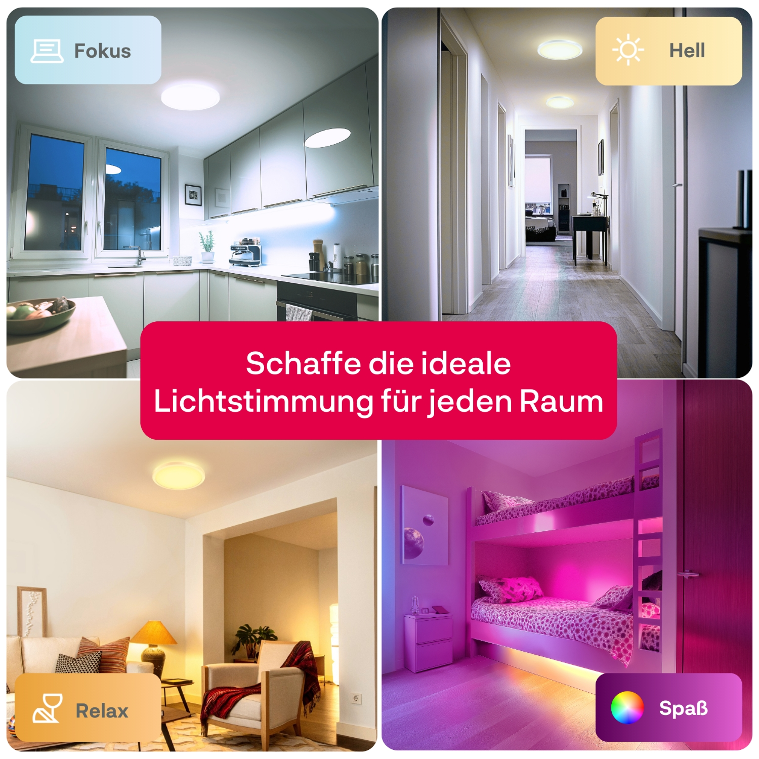 Vier Bilder, die verschiedene Beleuchtungsszenarien zeigen: Küche mit Fokus, Flur mit hellem Licht, Wohnzimmer mit Entspannung und Schlafzimmer mit Spaß.