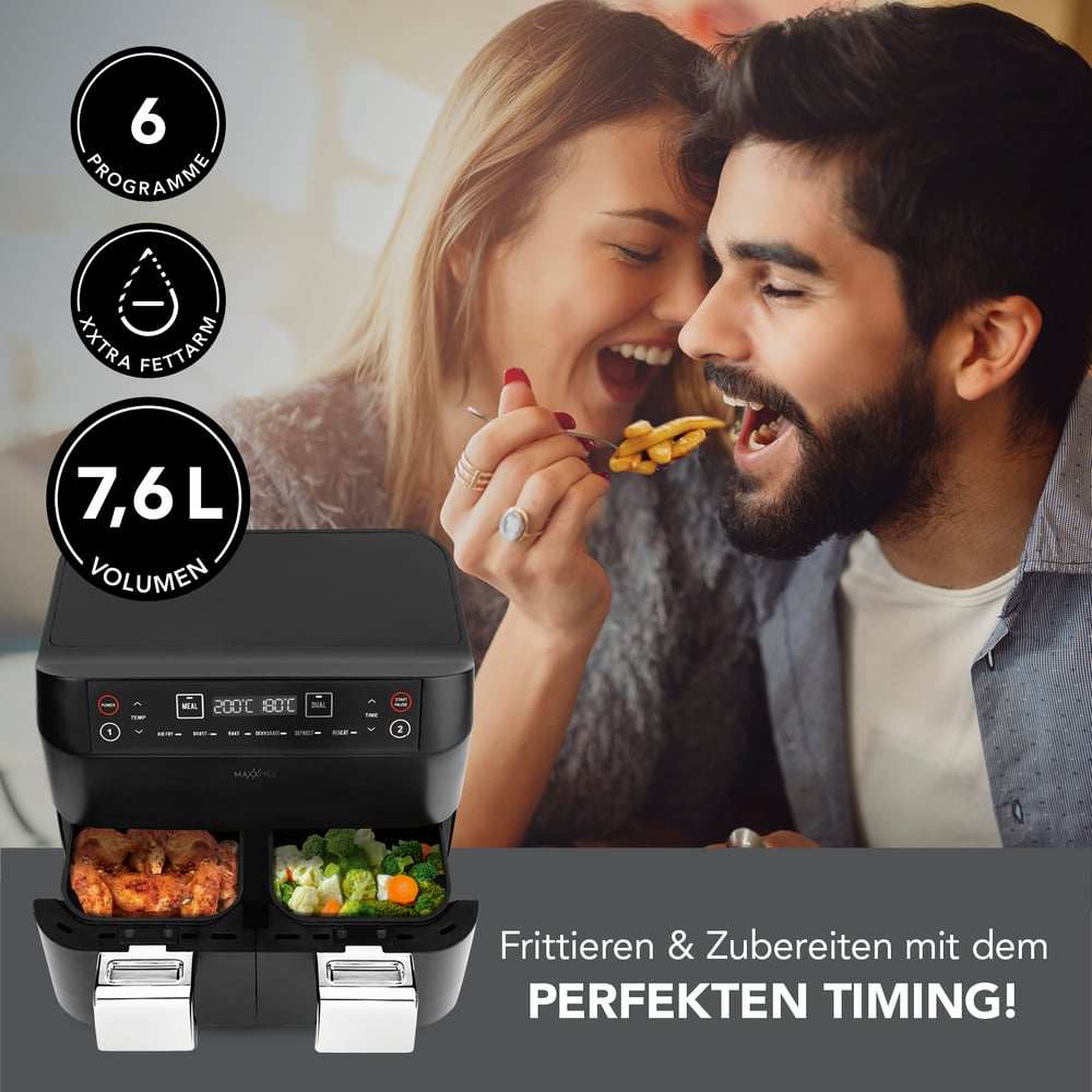 Ein Paar genießt Essen in der Nähe einer Heißluftfritteuse. Die Fritteuse hat Essen darin. Text sagt 6 Programme, extra fettarm, und 7,6L Volumen.