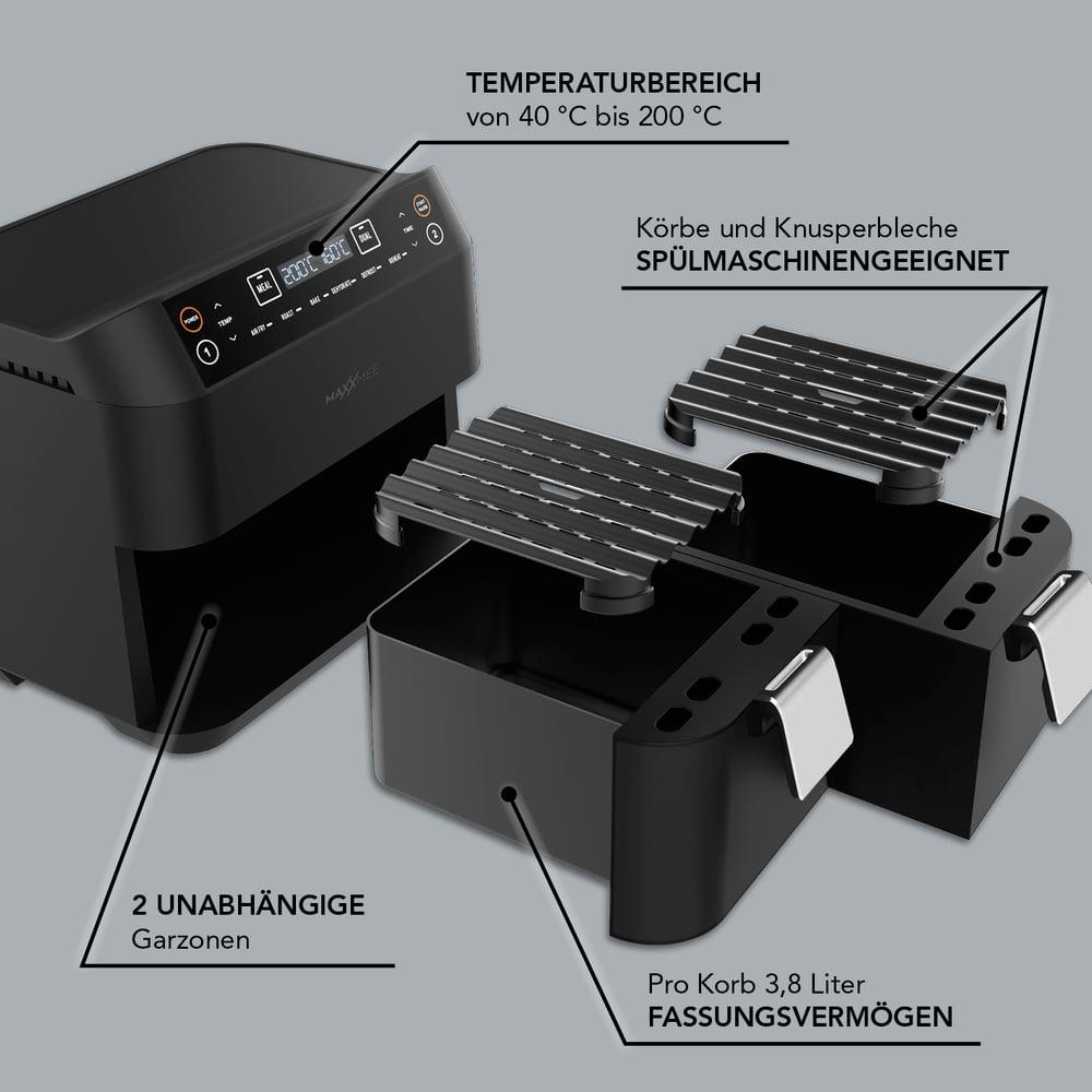 Schwarze Heißluftfritteuse mit Digitalanzeige und zwei unabhängigen Kochzonen, sowie spülmaschinenfesten Körben und Tabletts.