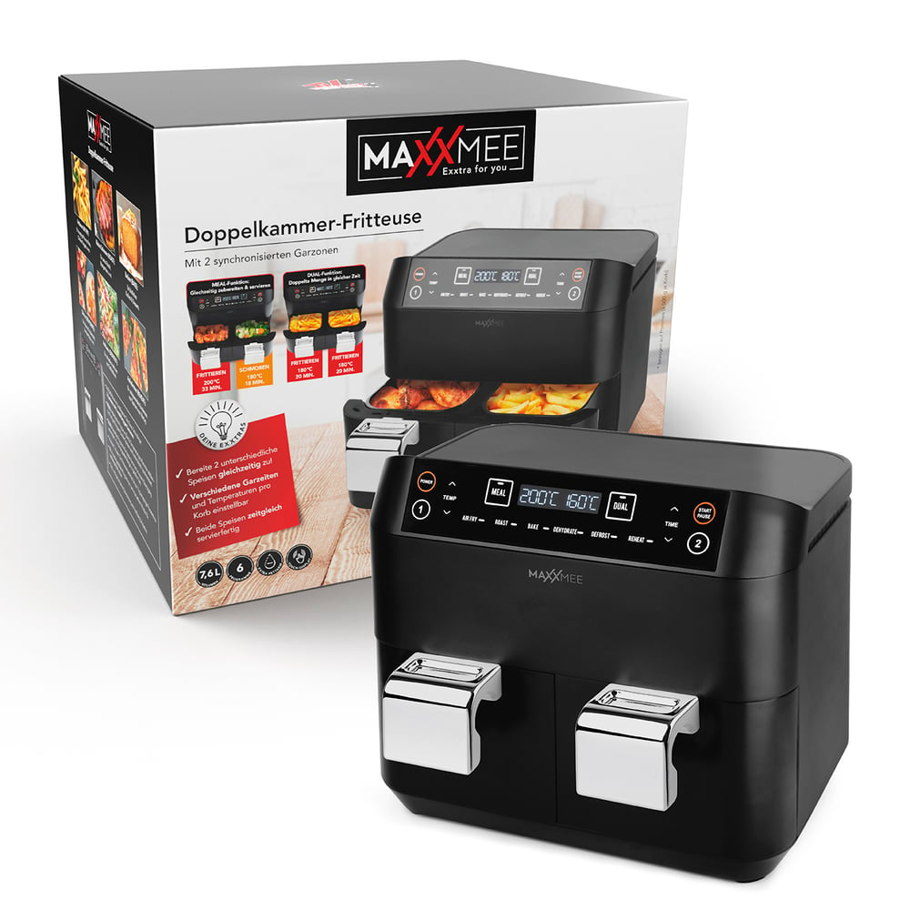 Ein schwarzer MAXXMEE Doppelkammer-Frittierer. Die Box zeigt Essensbilder. Er hat digitale Bedienelemente, zwei Körbe und ein Display.