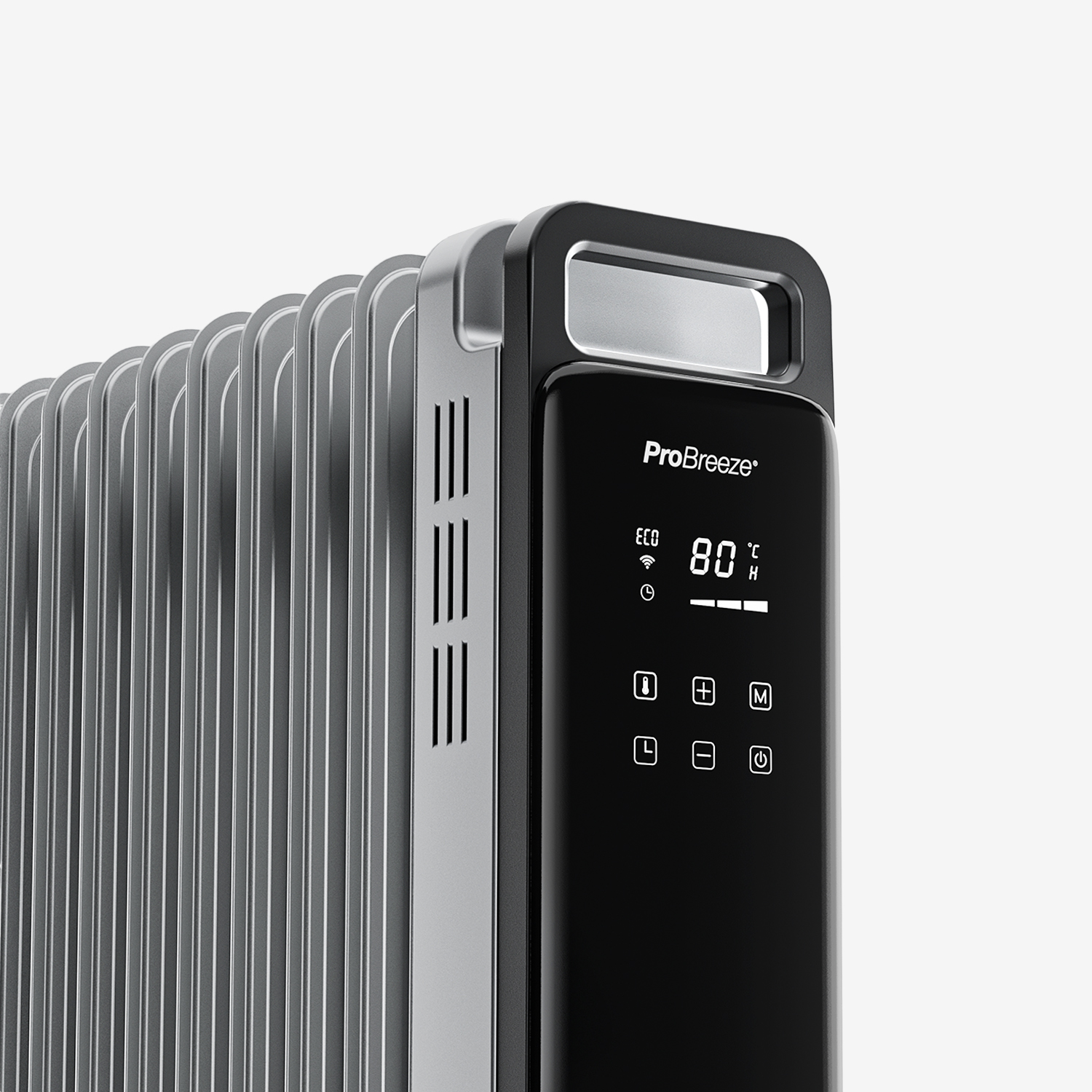 Ein Ölradiator von ProBreeze. Er hat ein schwarzes Bedienfeld mit 80°C. Der Heizkörper ist silber und schwarz, mit einem Griff oben.