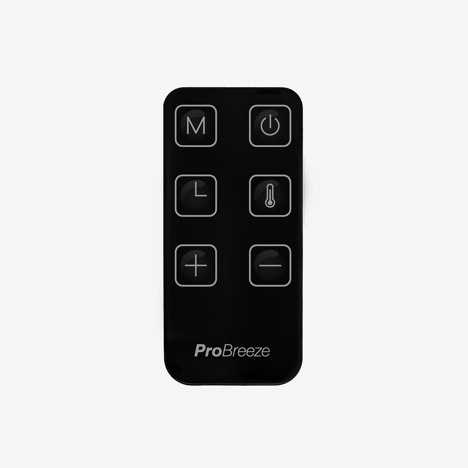Schwarze ProBreeze-Fernbedienung mit Tasten: M, L, +, -, Ein/Aus und Temperatursymbol.