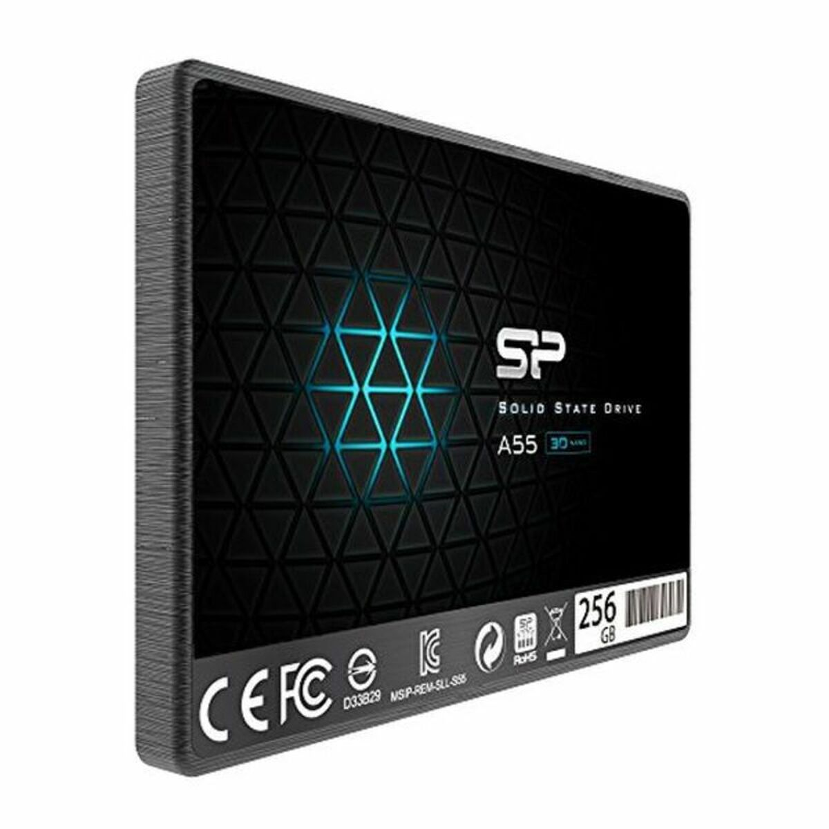 Czarny dysk SSD z geometrycznym wzorem, logo marki SP i napisem 'SOLID STATE DRIVE'. Ma pojemność 256 GB.