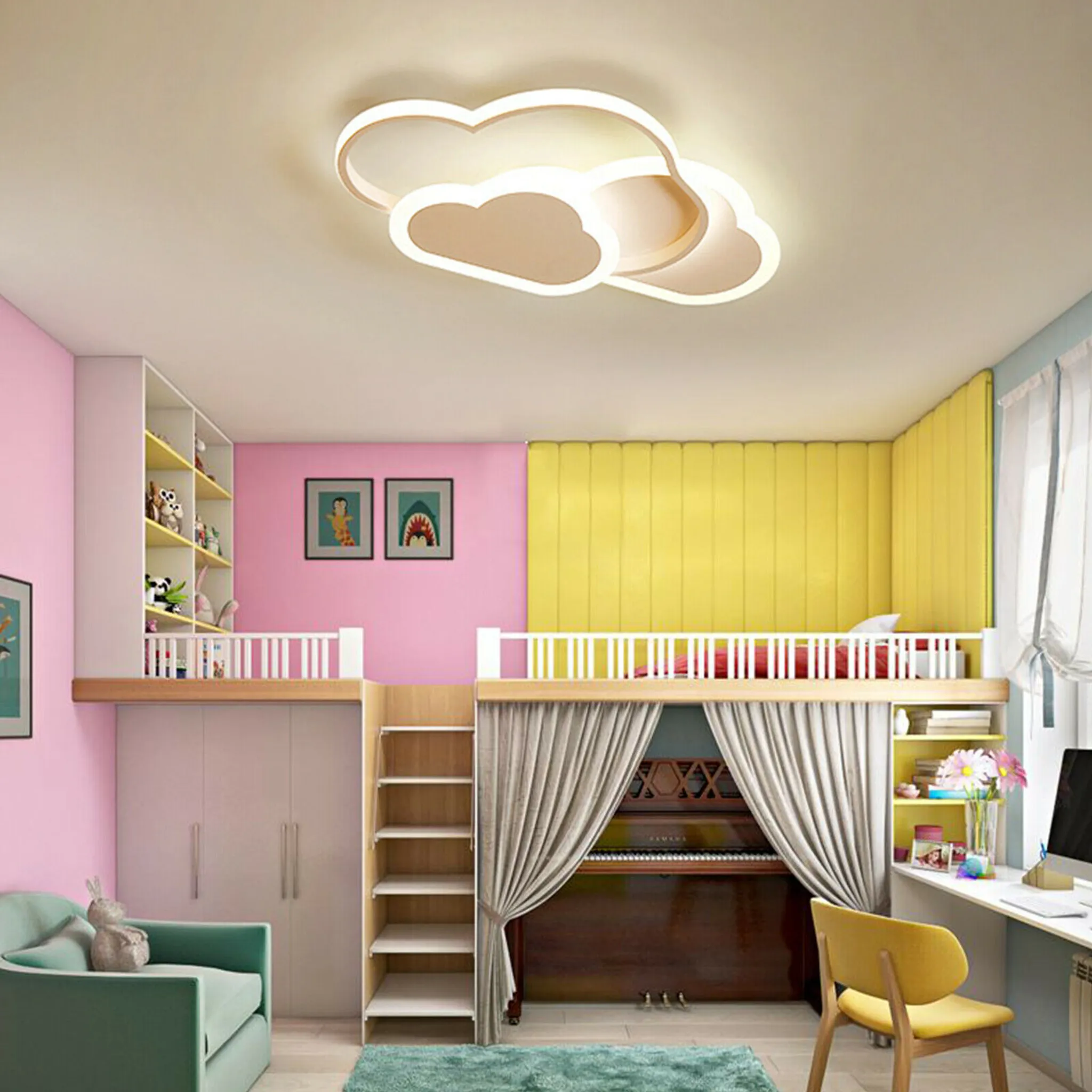 Ein farbenfrohes Kinderzimmer mit Hochbett, Klavier, Schreibtisch und wolkenförmiger Deckenleuchte. Rosa, Gelb und Grün dominieren.