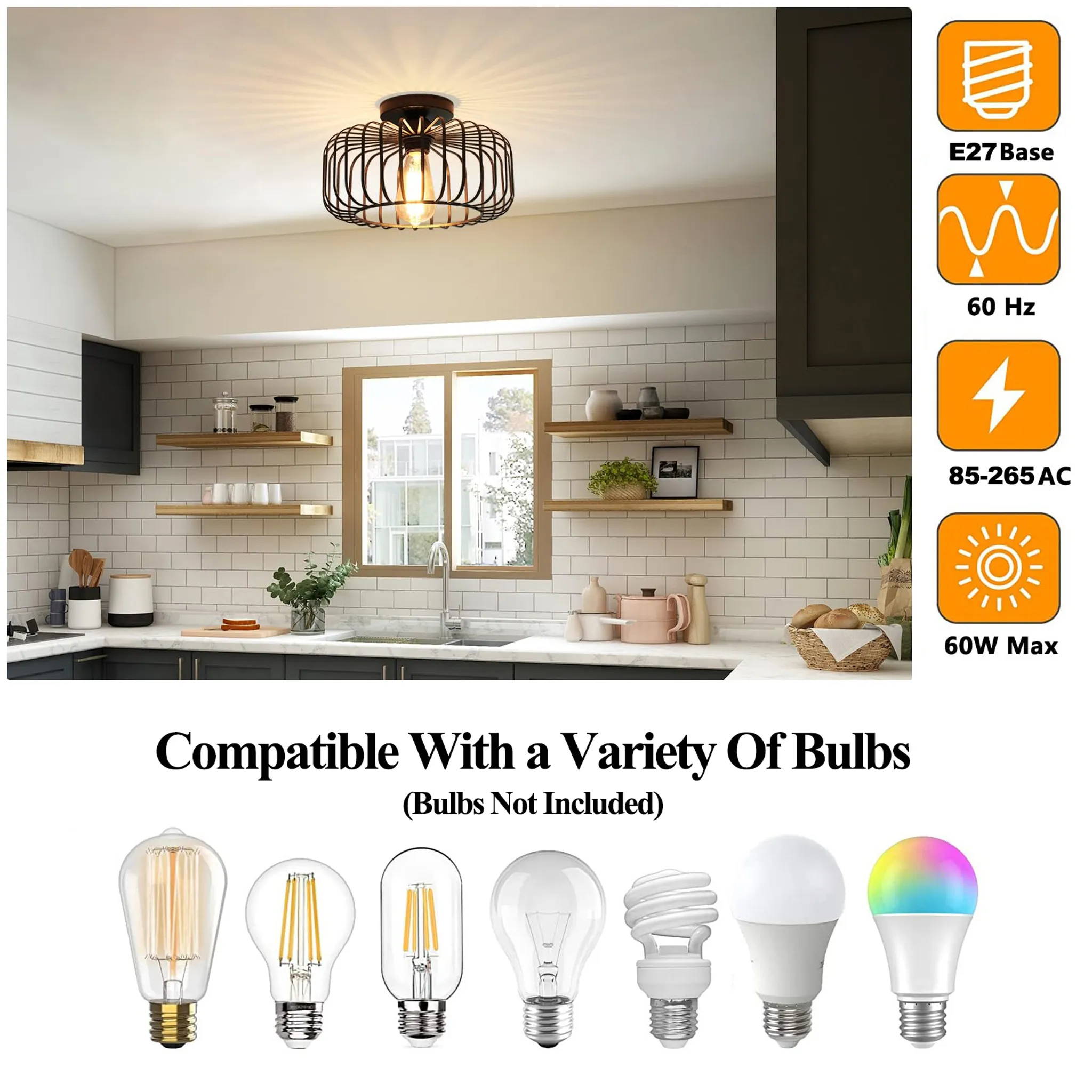 Küchenszene mit Deckenlampe und verschiedenen Glühbirnen. Enthält Symbole für E27-Sockel, 60 Hz, 85-265 AC und 60W Max.