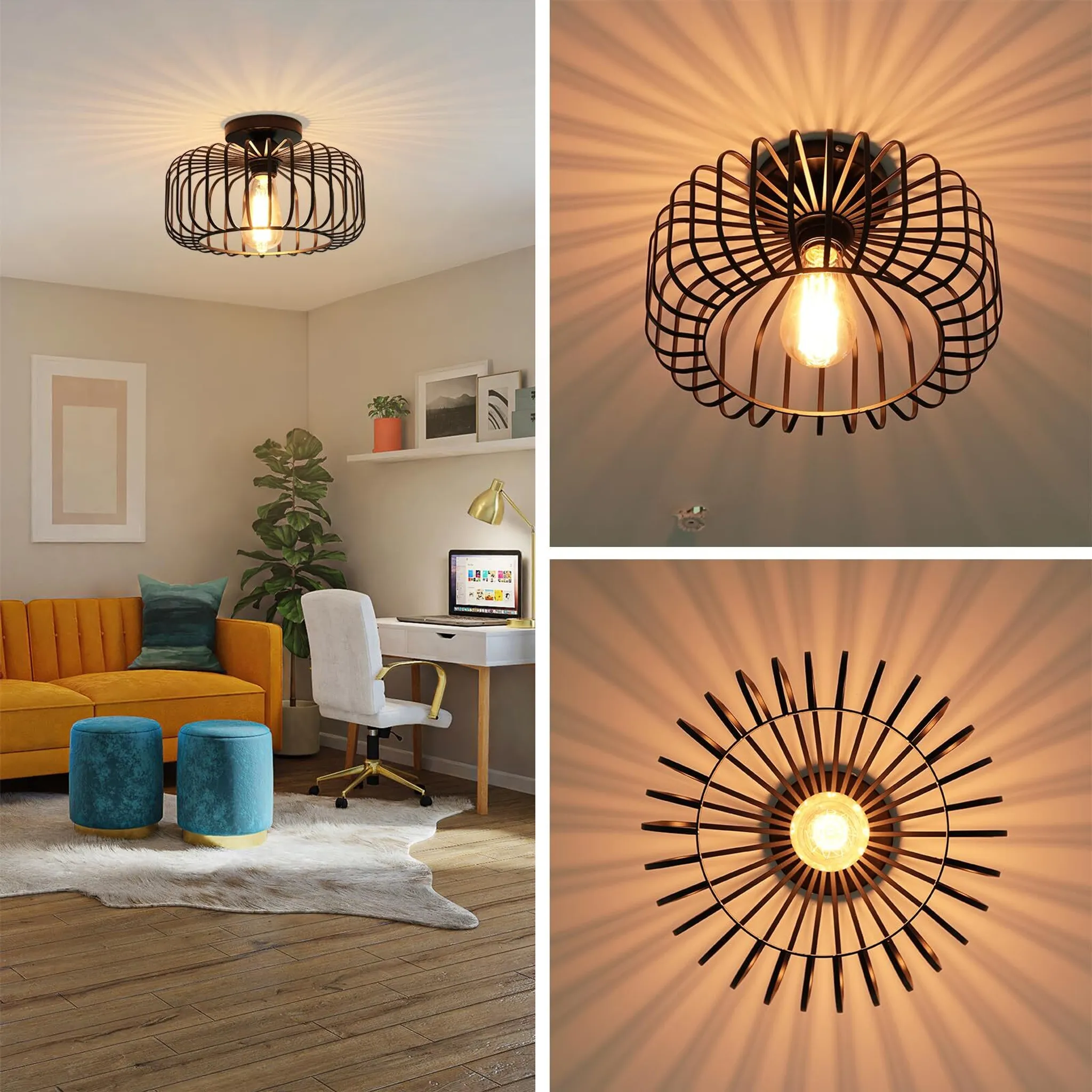 Wohnzimmer mit schwarzer, käfigartiger Deckenleuchte. Eine orangefarbene Couch, türkisfarbene Hocker und ein weißer Schreibtisch sind zu sehen.