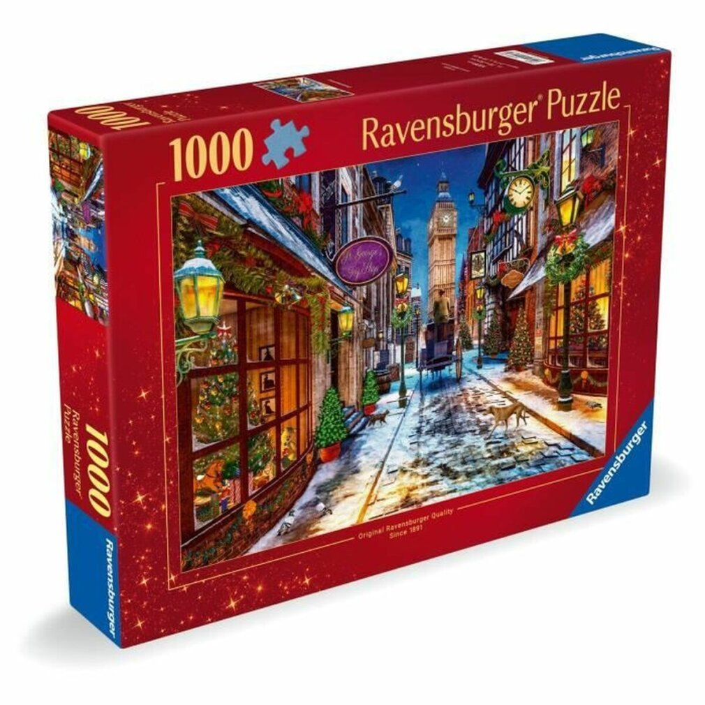Pudełko puzzli Ravensburger przedstawia scenę uliczną z budynkami, światłami i wieżą zegarową w tle. Pudełko jest czerwone.