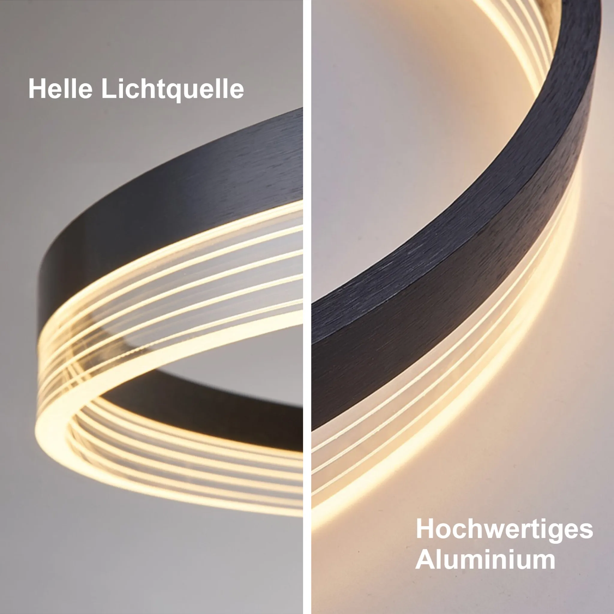 Nahaufnahme einer modernen Leuchte. Es ist ein dunkler Ring mit hellen weißen Lichtern im Inneren. Der Hintergrund ist schlicht.