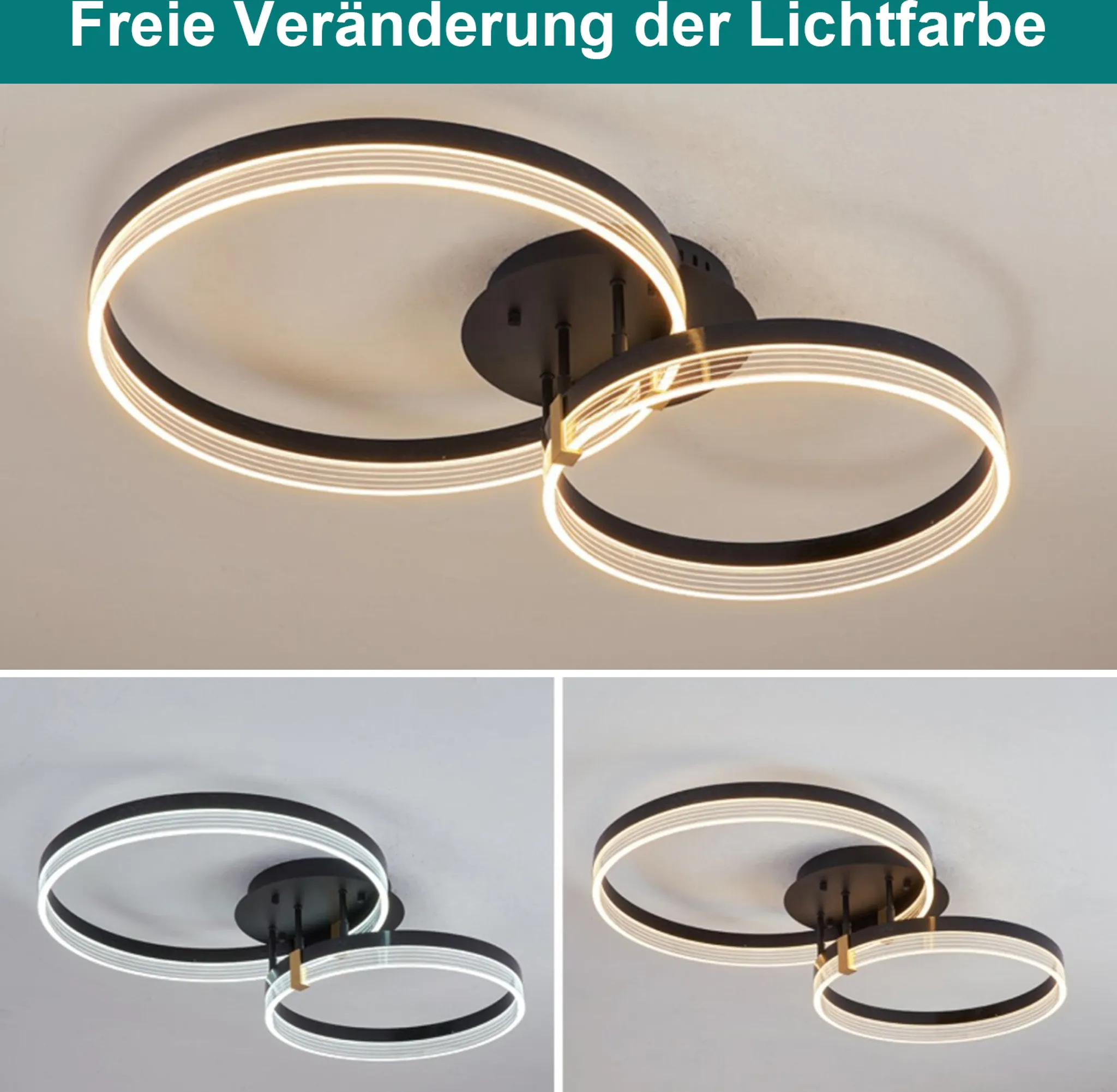 Moderne Deckenleuchte mit zwei sich kreuzenden, beleuchteten Ringen. Die Leuchte ist schwarz und weiß, an einer weißen Decke montiert.