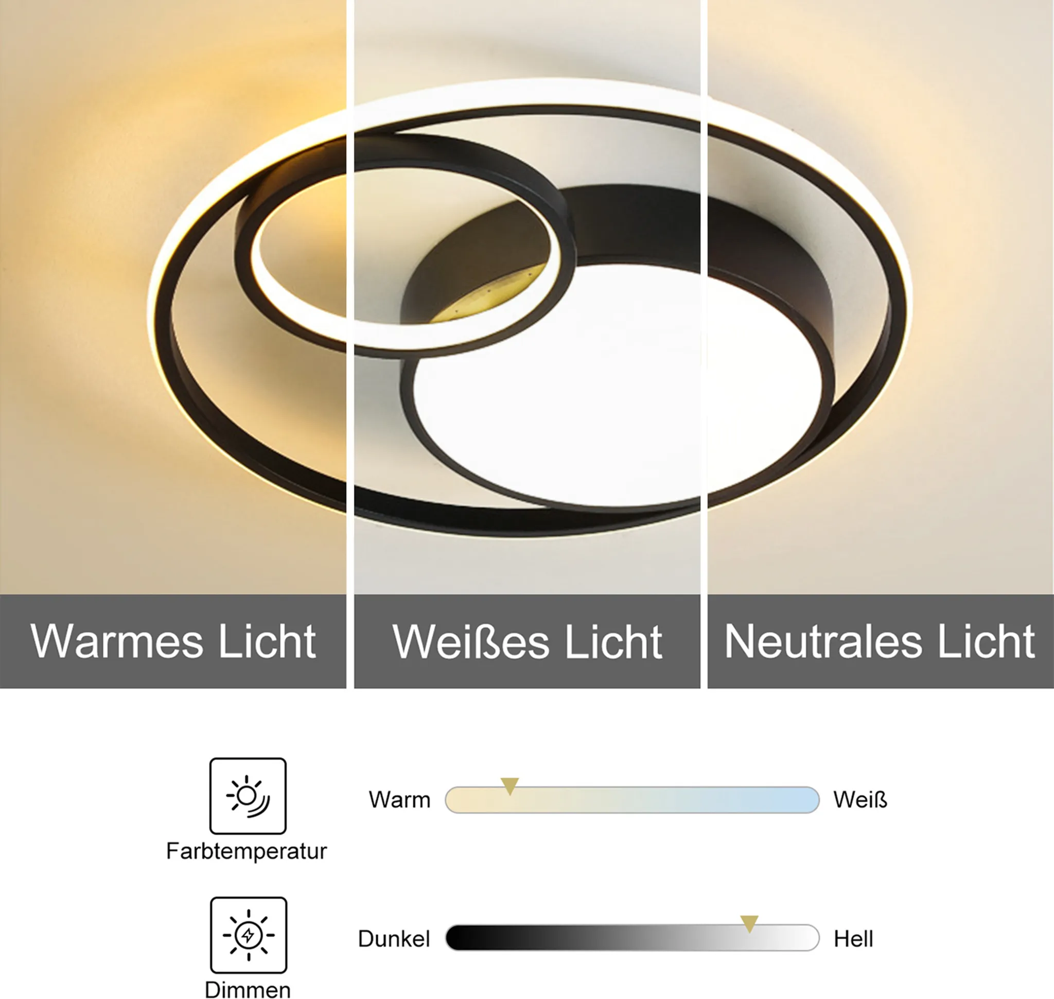 Eine moderne Deckenleuchte mit drei Beleuchtungsoptionen: warm, weiß und neutral. Inklusive Farbtemperatur- und Dimmreglern.