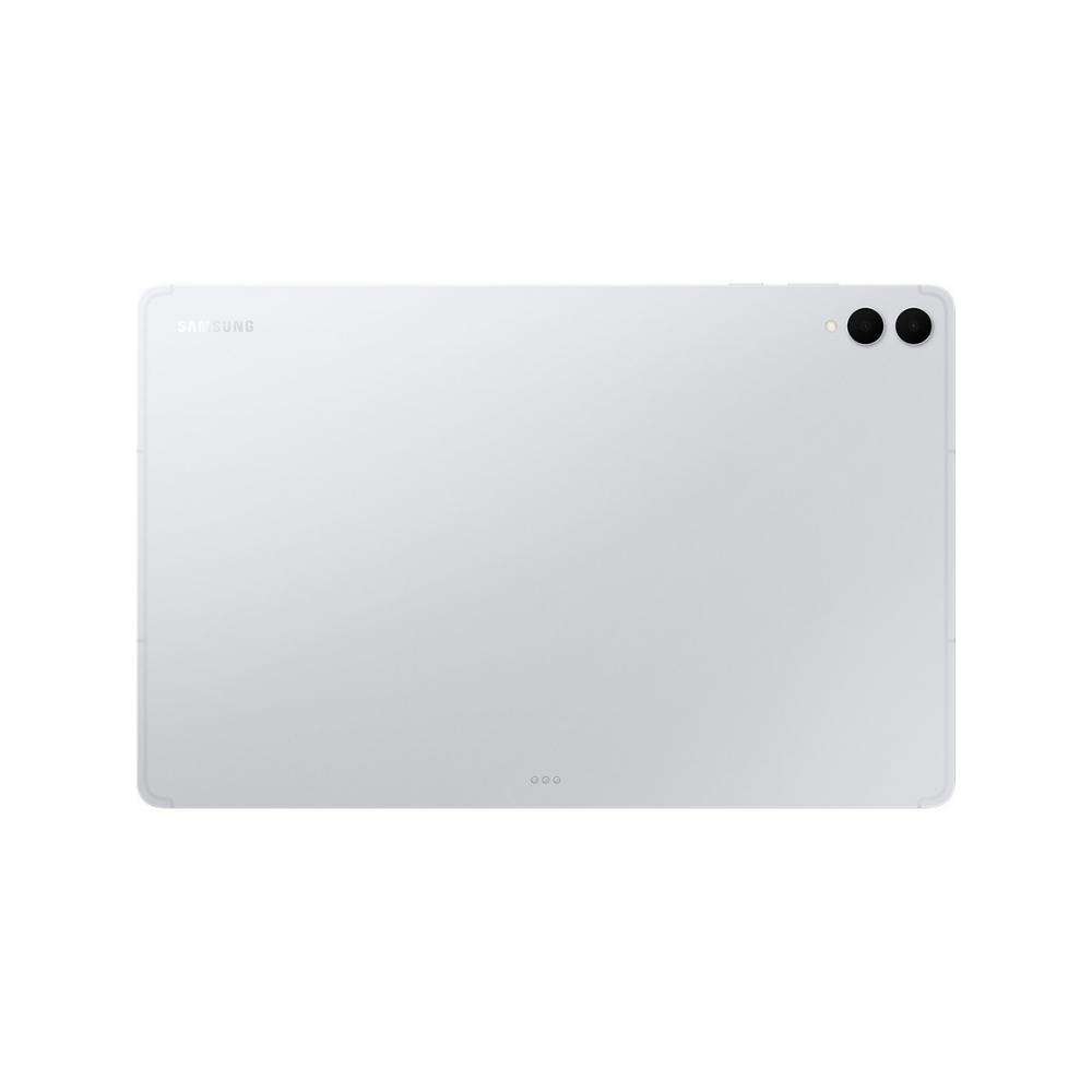 Beyaz bir Samsung tabletin arka görünümü. İki lensli bir kamerası, bir logosu ve altta üç küçük noktası var.