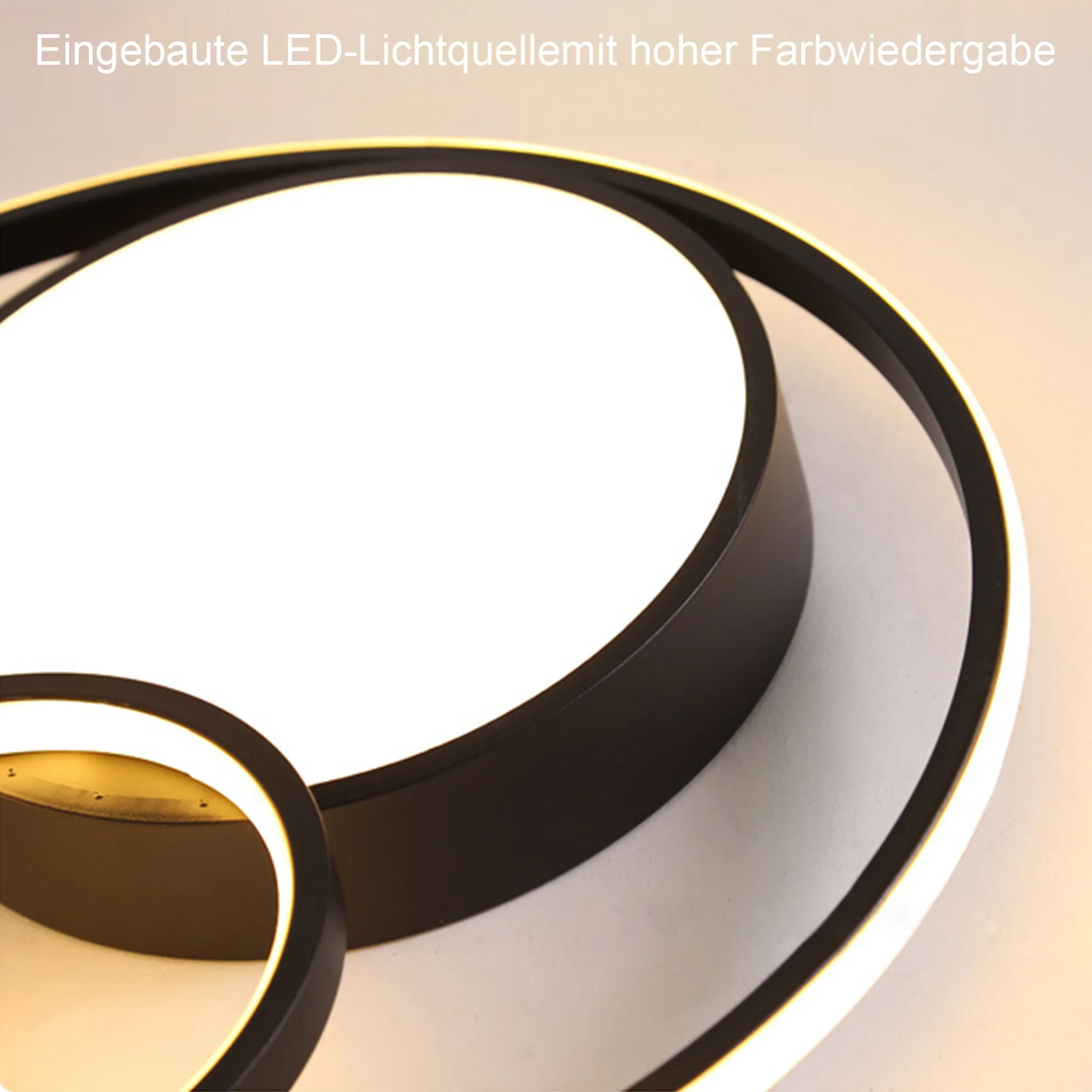 Nahaufnahme einer modernen, kreisförmigen LED-Deckenleuchte mit schwarzem Rahmen und hellem, weißem Licht.