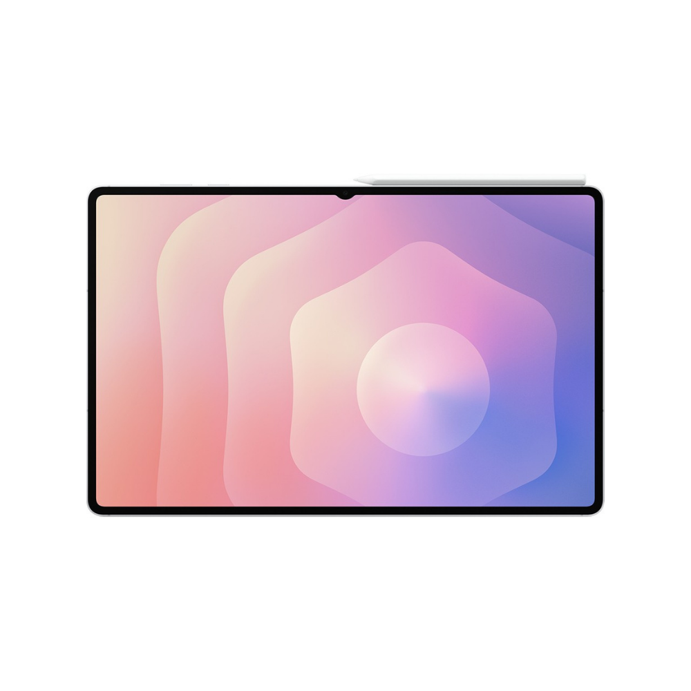 Pembe, mor ve mavi gradyan arka plana sahip bir tablet. Üzerinde bir kalem duruyor. Siyah çerçeve ve beyaz arka plan.