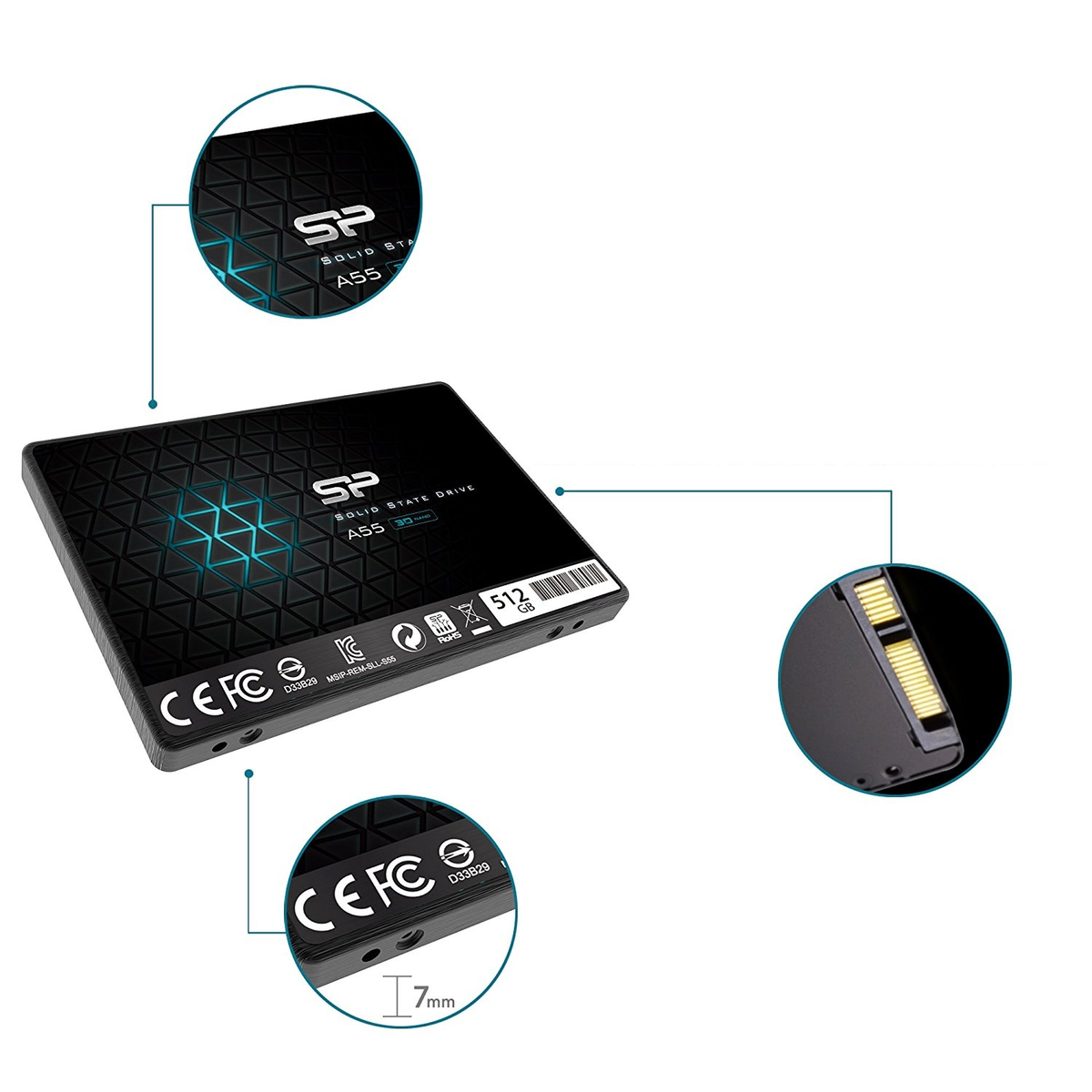 Czarny dysk SSD z niebieskimi geometrycznymi wzorami, etykieta mówi "SP SOLID STATE DRIVE A55". Szczegółowy widok pokazuje złącza i certyfikaty.