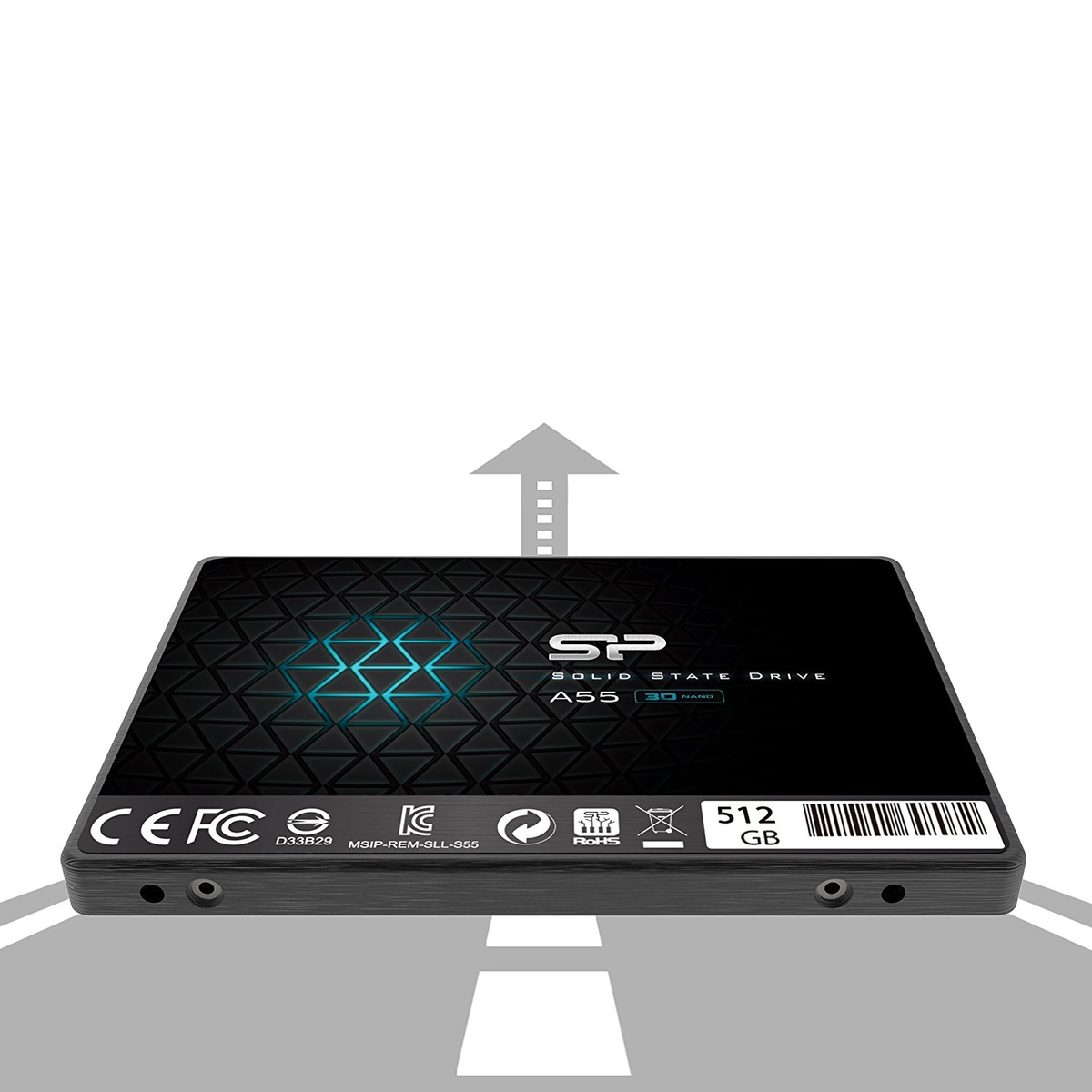 Czarny dysk SSD z niebieskim geometrycznym wzorem. Strzałka w górę wskazuje na niego. Etykiety: '512 GB' i 'SOLID STATE DRIVE'.