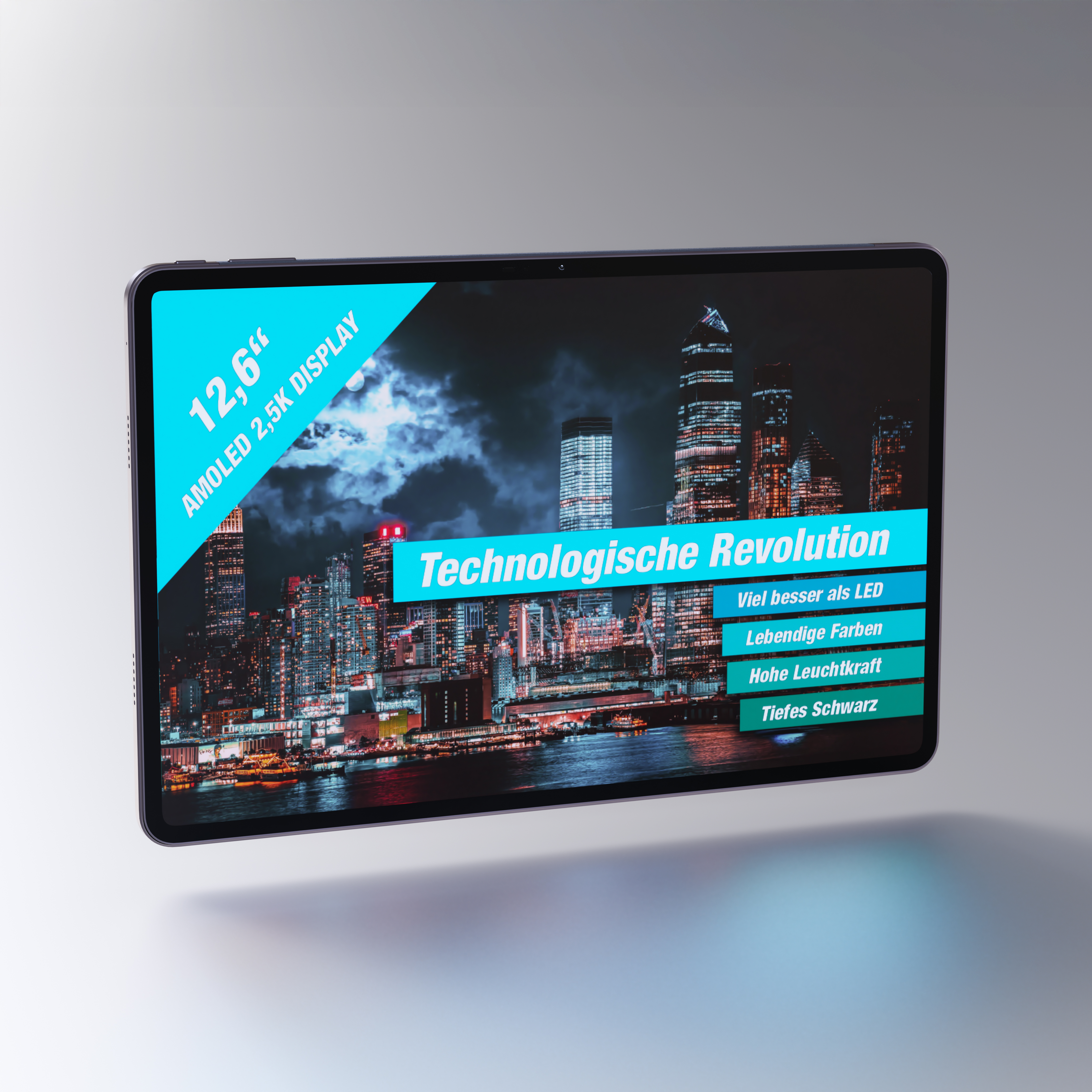 Tablet mit Stadt bei Nacht. Text enthält 'Technologische Revolution' und weitere Merkmale.