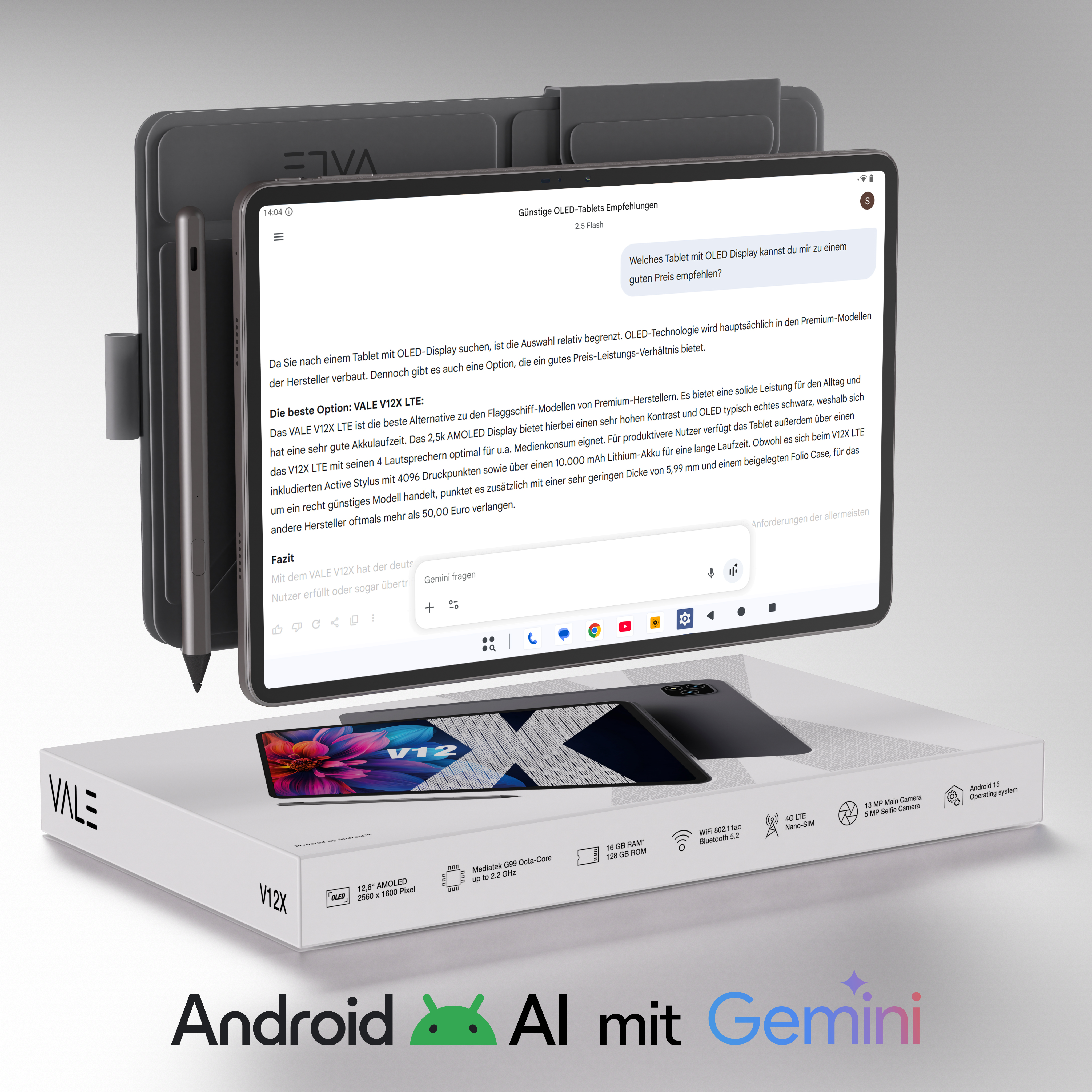 Tablet mit Stift, Bildschirm mit Text, Box mit Spezifikationen und Android/Gemini Logos.