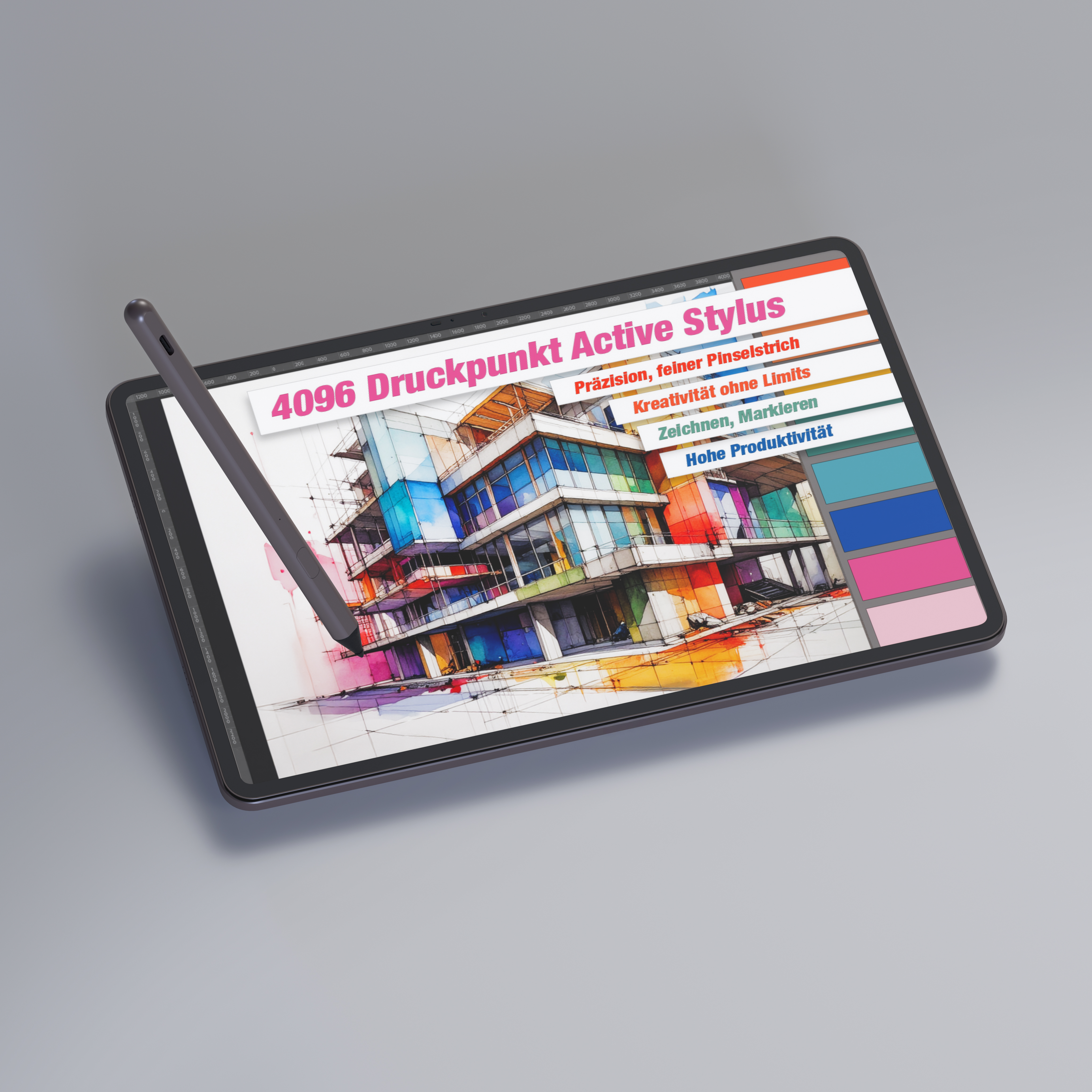 Ein Tablet mit Stift zeigt eine farbenfrohe Architekturskizze. Text: 4096 Druckpunkt Active Stylus.