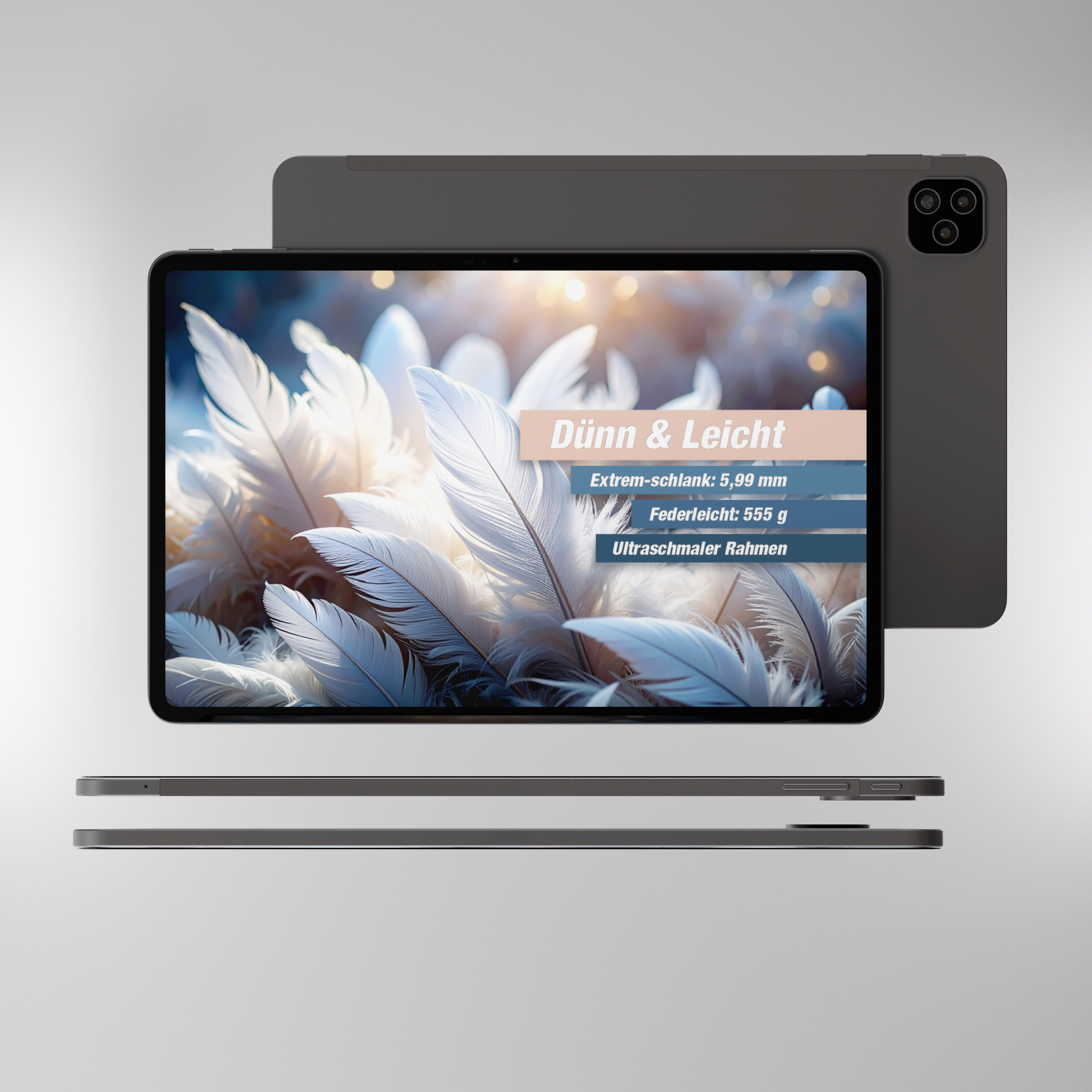 Ein Tablet mit Feder-Display. Es hat ein schlankes Design mit Kamera und befindet sich in einem Studio.
