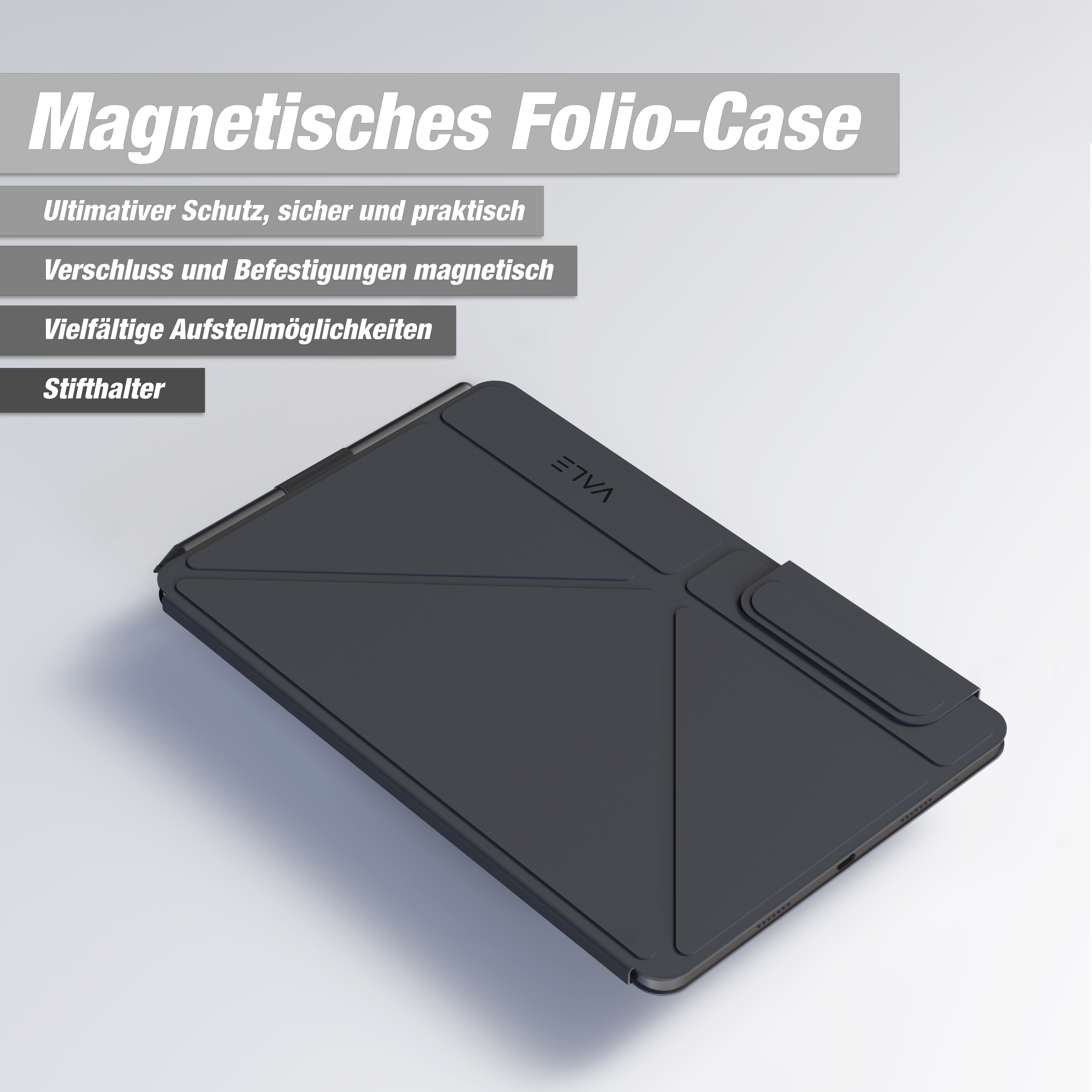 Dunkelgraue Folio-Hülle mit Magnetverschluss auf weißem Hintergrund. Text auf Deutsch oben.