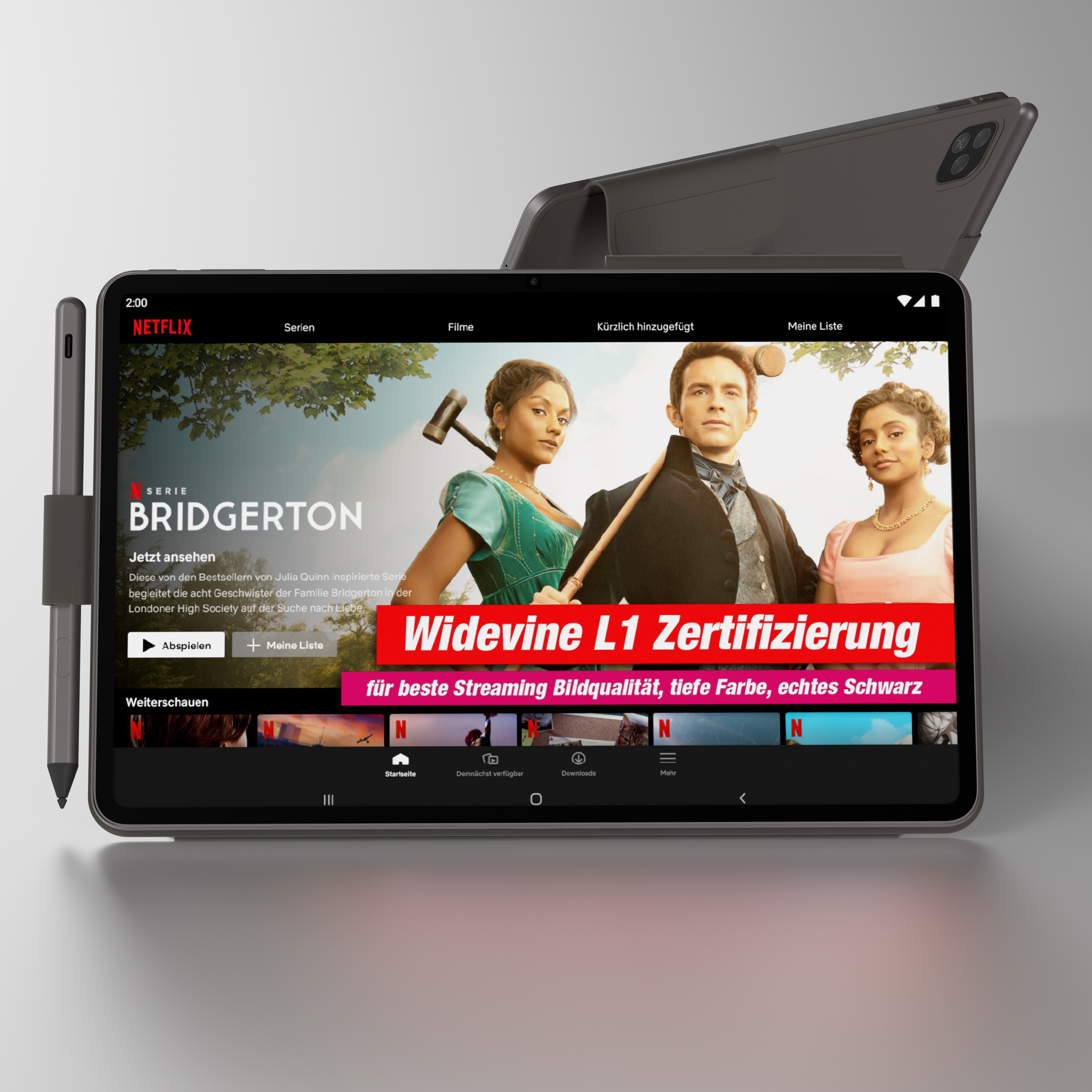 Tablet mit Netflix, zeigt 'Bridgerton'. Ein Stift liegt daneben. Der Hintergrund ist hellgrau.