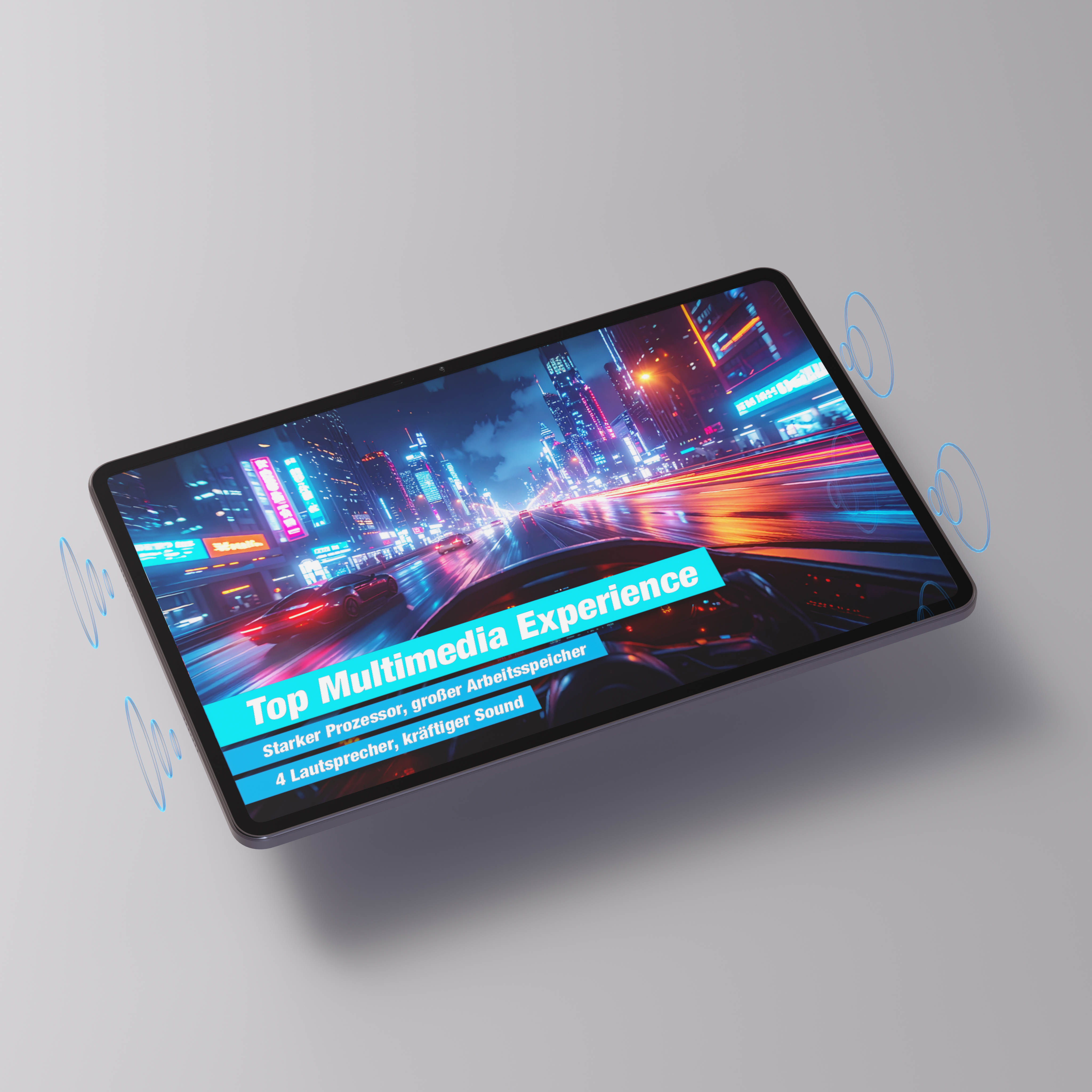 Tablet zeigt Nachtstadt mit Neonlichtern. Text: Top Multimedia Experience, starker Prozessor, kraftvoller Sound.