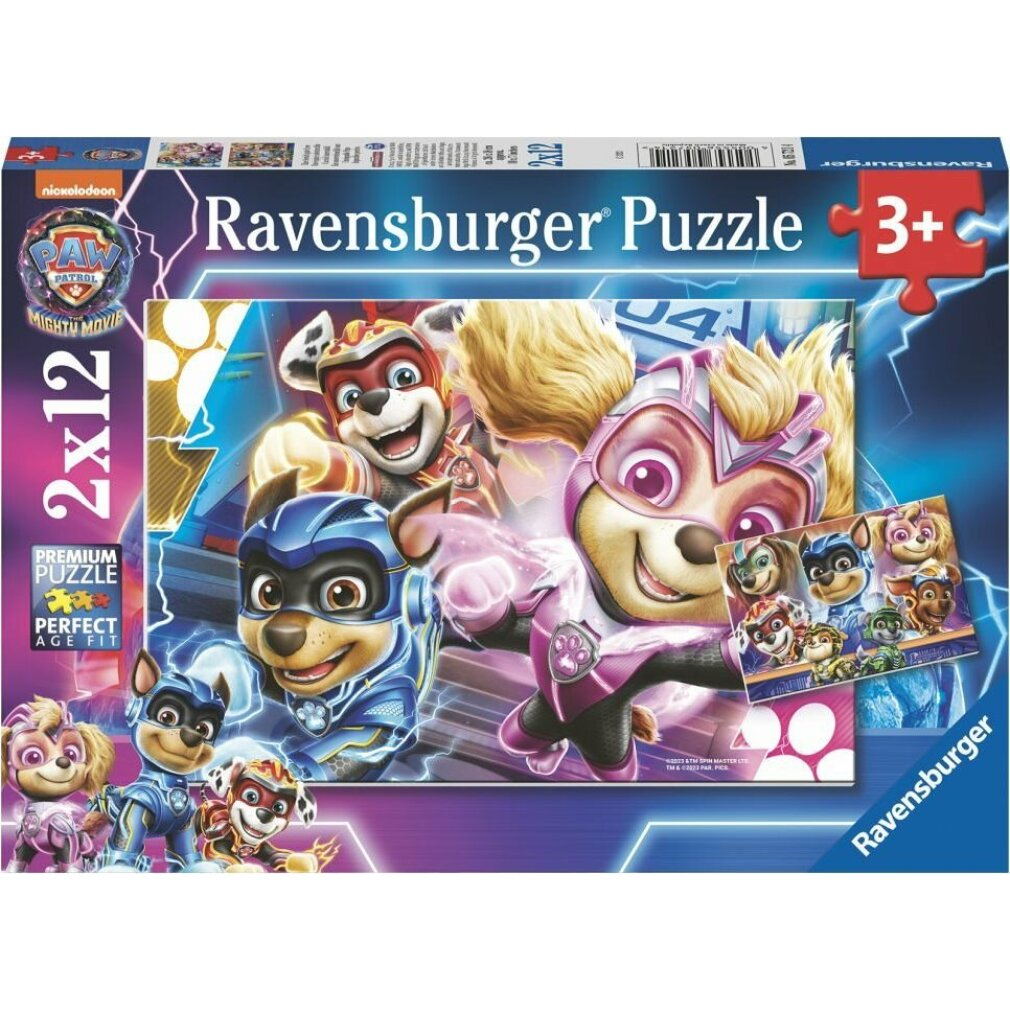 Pudełko z puzzlami przedstawia postacie z Psiego Patrolu w strojach superbohaterów. Na pudełku napis 'Ravensburger Puzzle' i wiek '3+'.