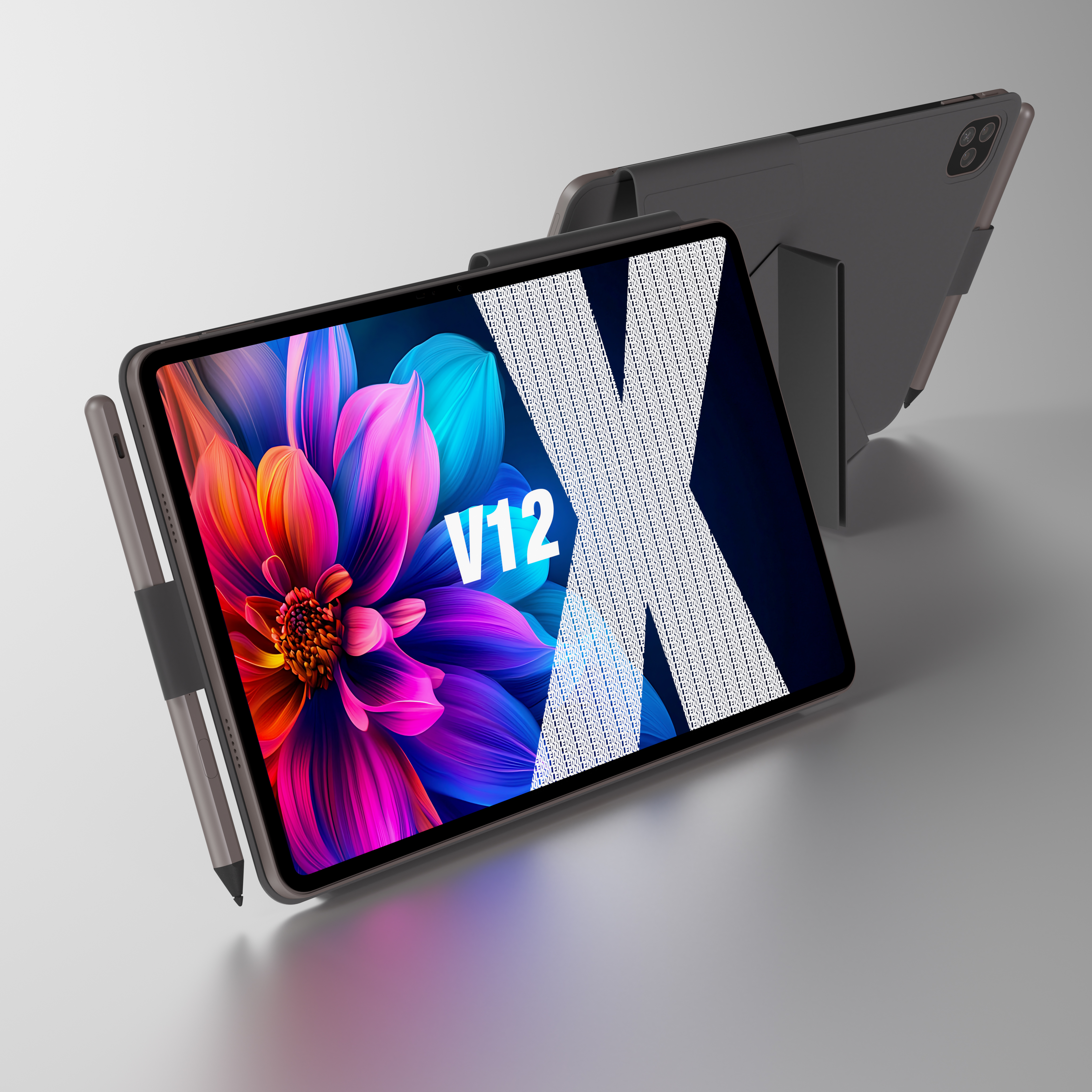 Tablet mit farbenfroher Blume auf dem Bildschirm, Stift und grauer Hülle. Der Bildschirm zeigt "V12".