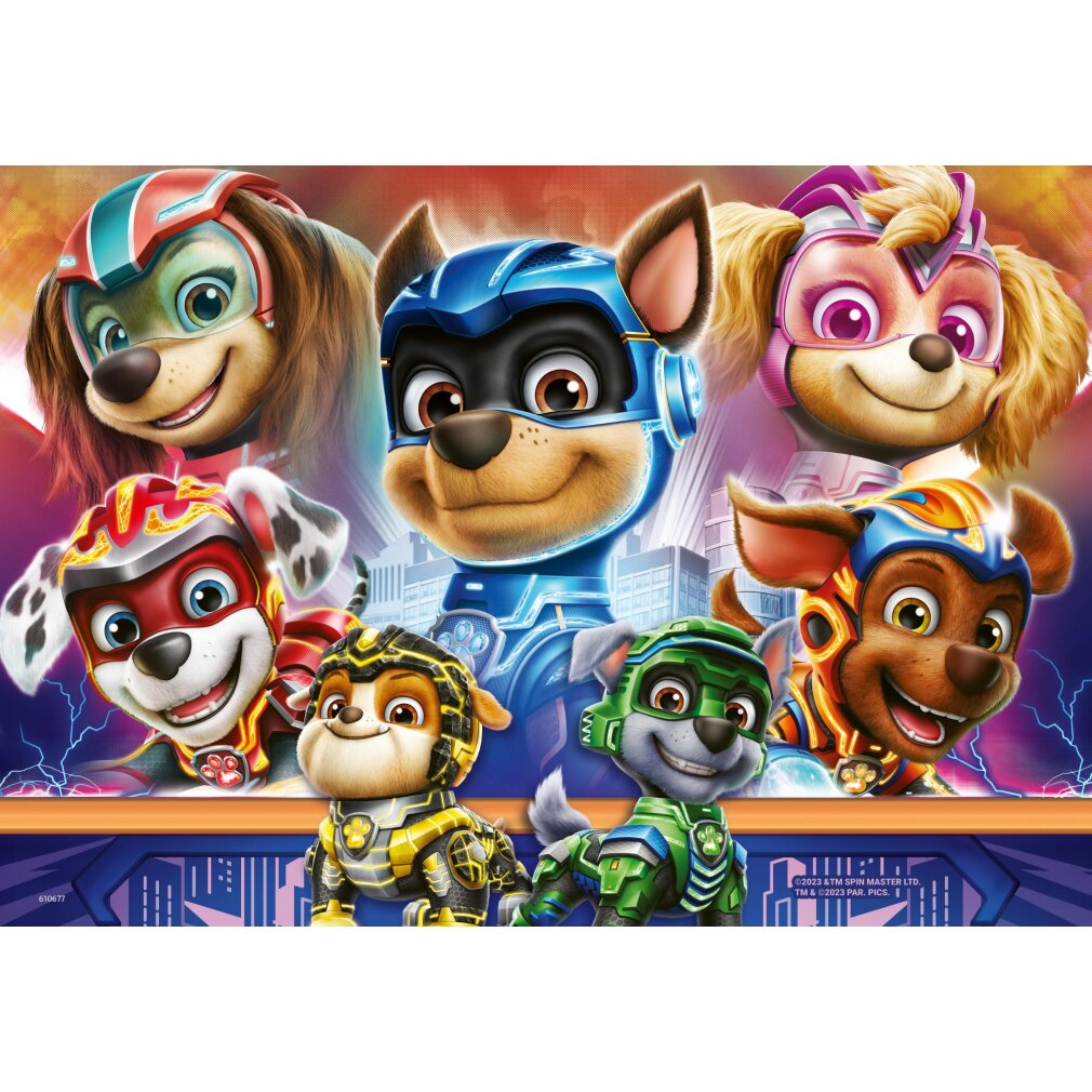 Superbohaterowie PAW Patrol. Psy w kolorowych kostiumach. Chase w niebieskim, Marshall w czerwonym, Skye w różowym i inni. Miasto w tle.
